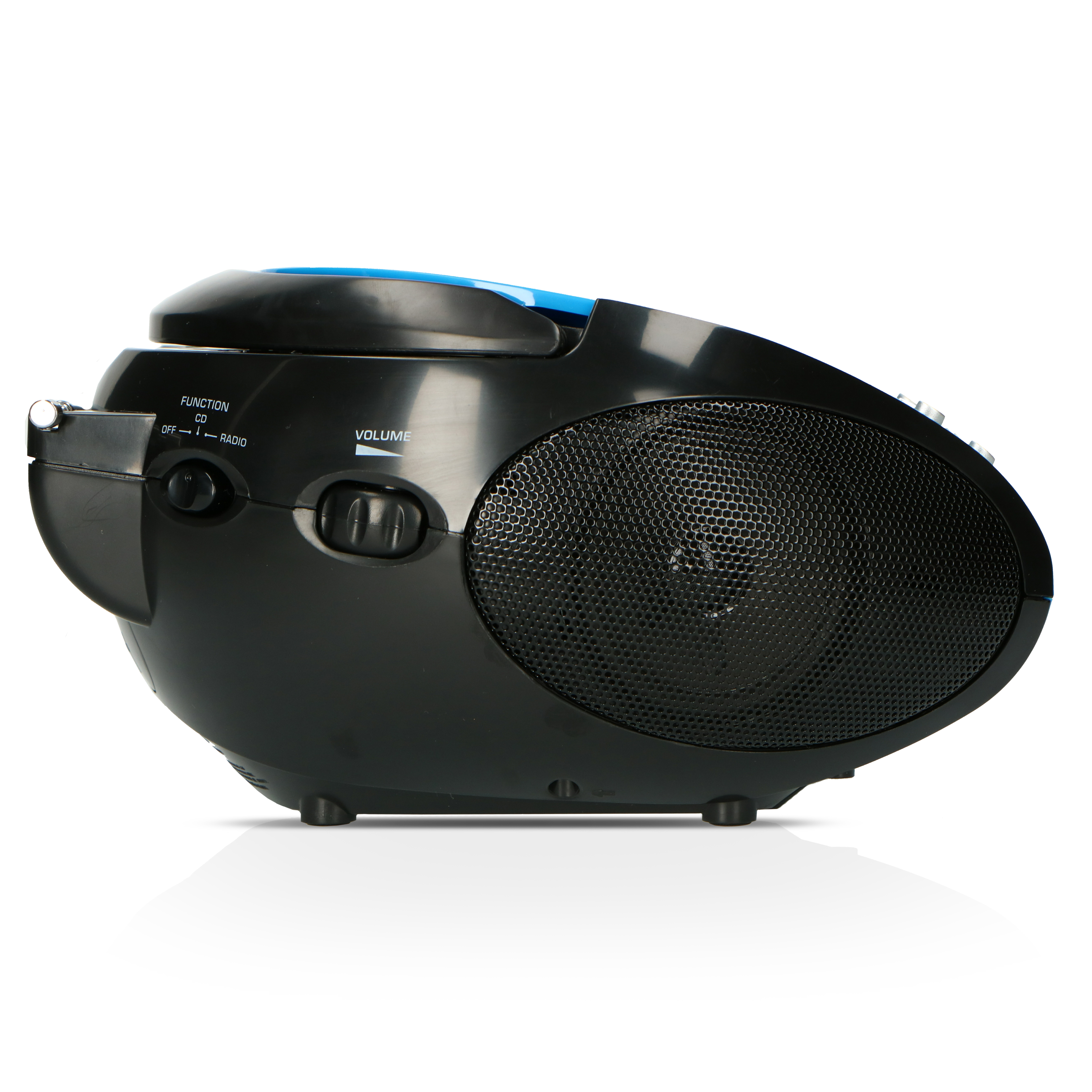 Ein schwarzer Boombox mit blauem Akzent, Lautstärkeregler und Antenne.