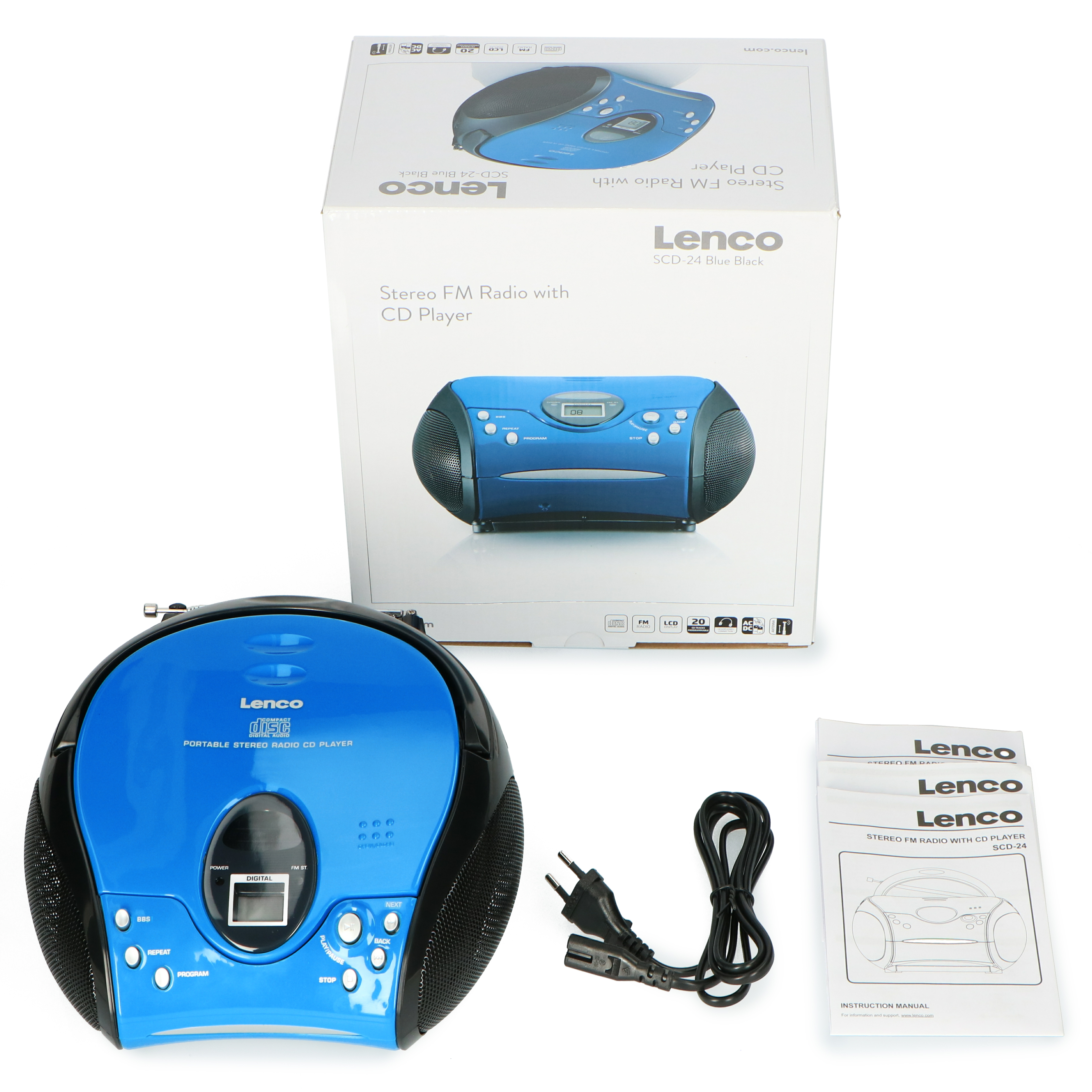 Ein blauer Lenco CD-Player mit Radio, Netzkabel, Anleitung und Verpackung.
