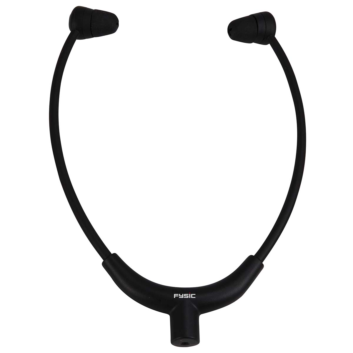 Ein schwarzes Nacken-Headset mit zwei Ohrstöpseln und einem Mittelteil.