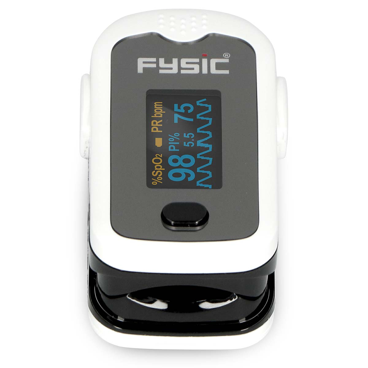 Weißes Fysic Pulsoximeter auf weißem Hintergrund. Zeigt 98% SpO2, 75 PRbpm, 5,5 PI% an.