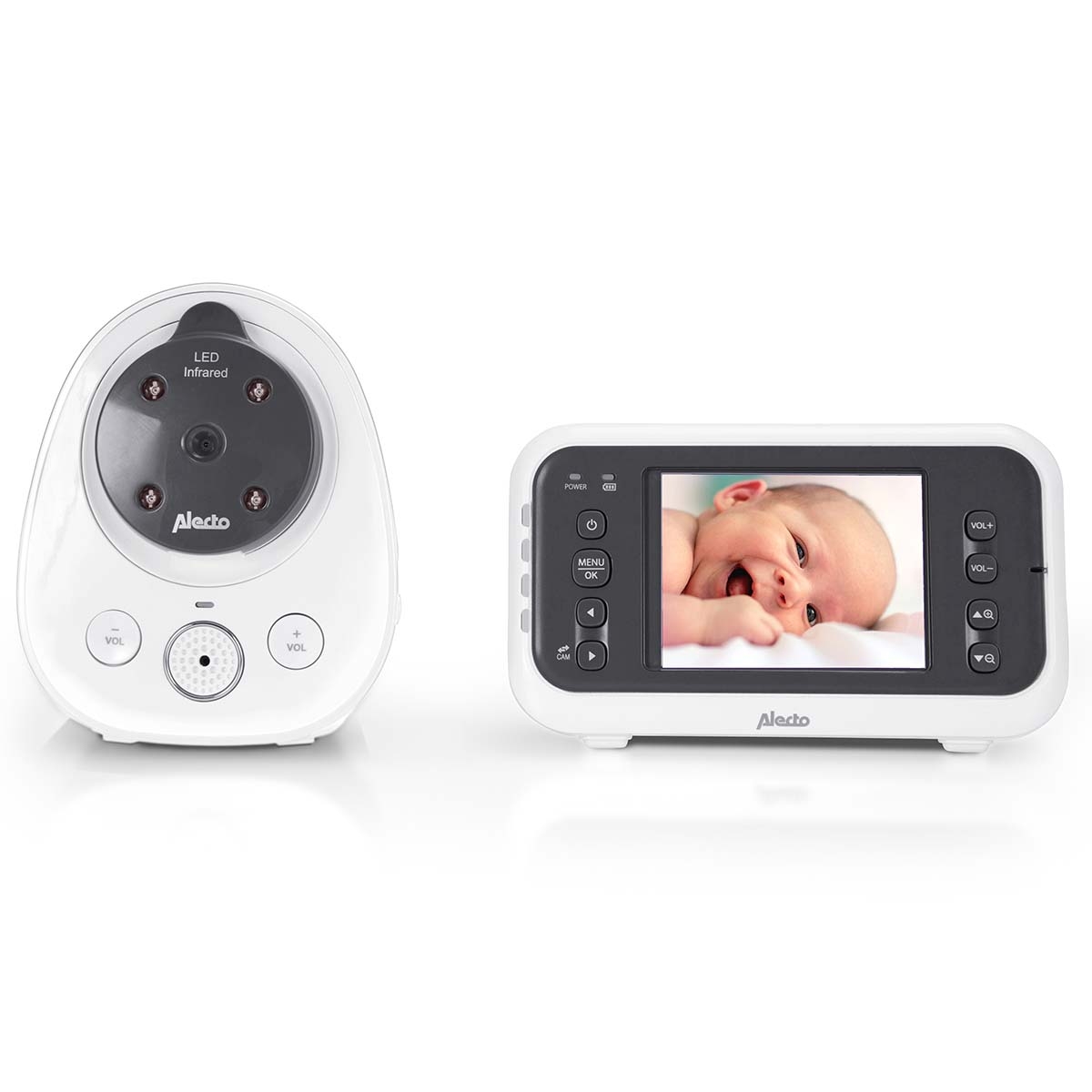 A white baby monitor and camera unit displayed side-by-side.