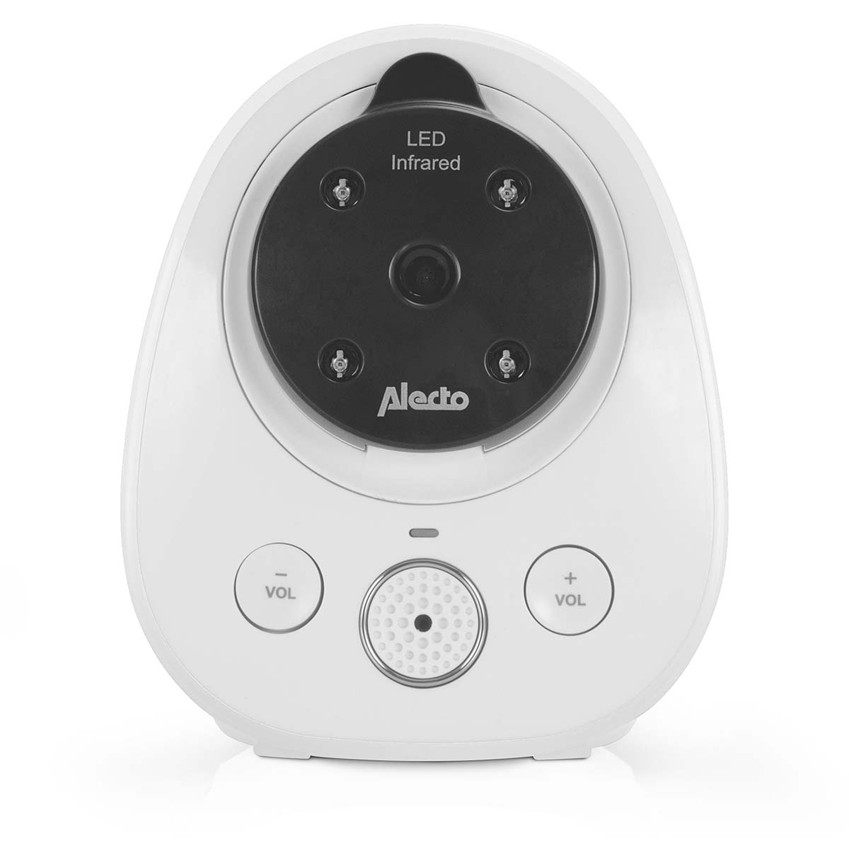 White Alecto baby monitor with LED infrared, volume controls, and speaker.
