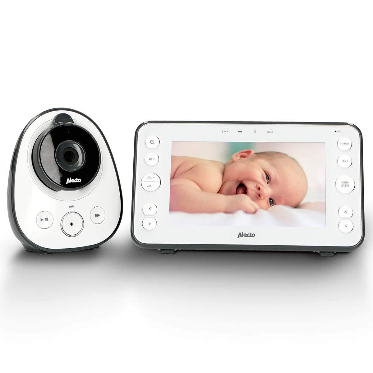 Babyphone mit Kamera und Monitor zeigt ein Baby auf dem Bildschirm.