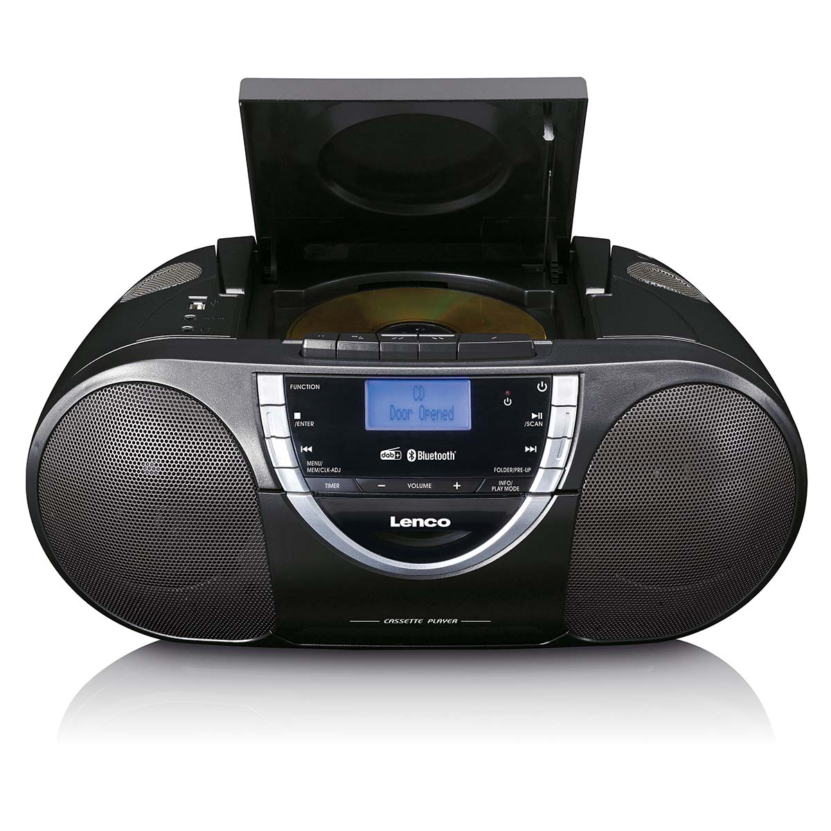 Schwarzer Lenco-Boombox mit offenem CD-Player, der eine CD zeigt. Mit Lautsprechern und Bedienelementen.