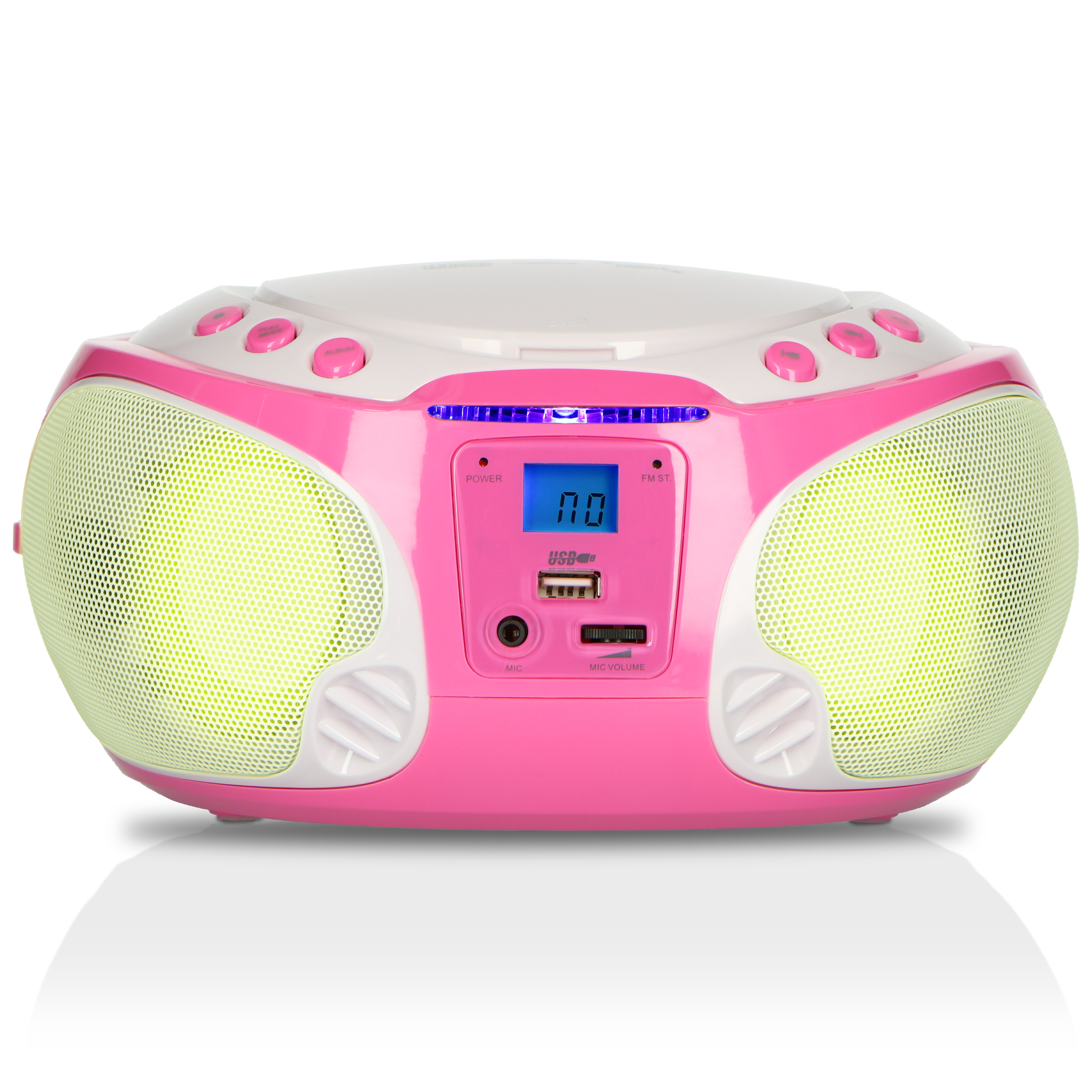 Ein pinker und weißer tragbarer CD-Player mit Lautsprechern und einem blauen Display.