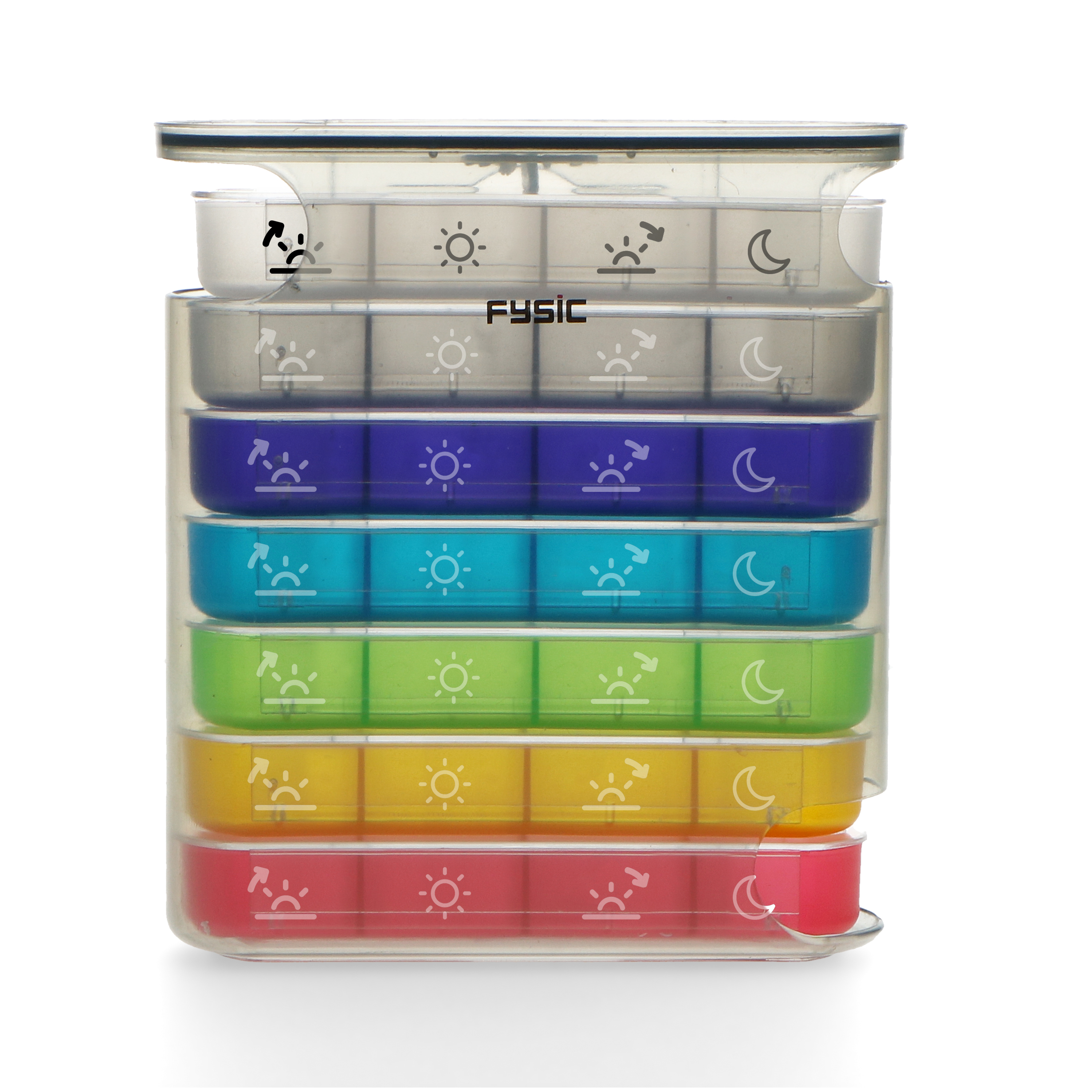 Een veelkleurige pillendoos met 7 vakken, gelabeld voor dag en nacht.