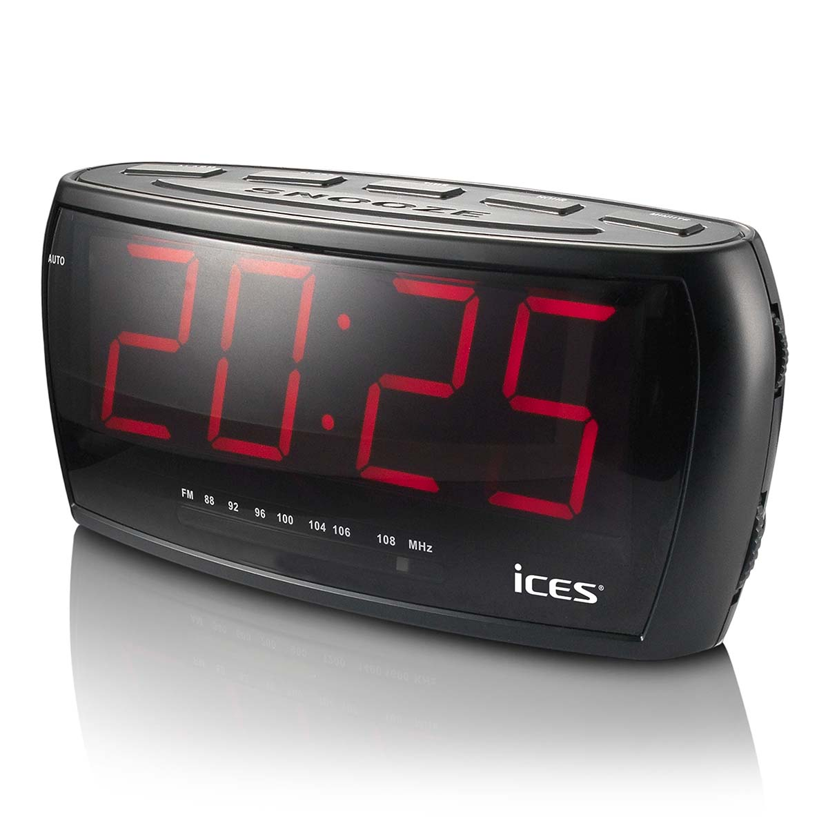 A black digital alarm clock with red numbers displays 20:25.