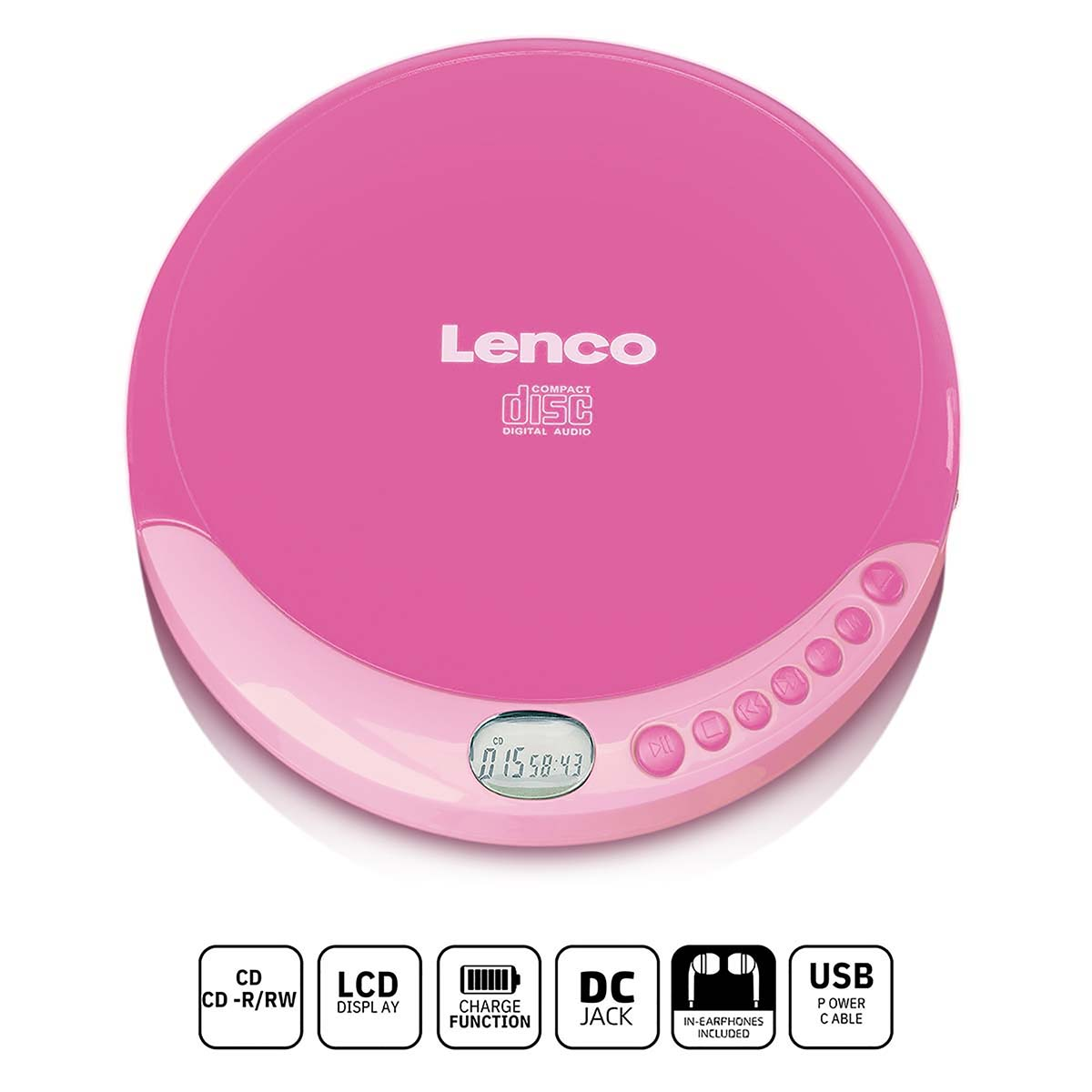 Ein pinker Lenco CD-Player mit LCD-Display und Bedienelementen.