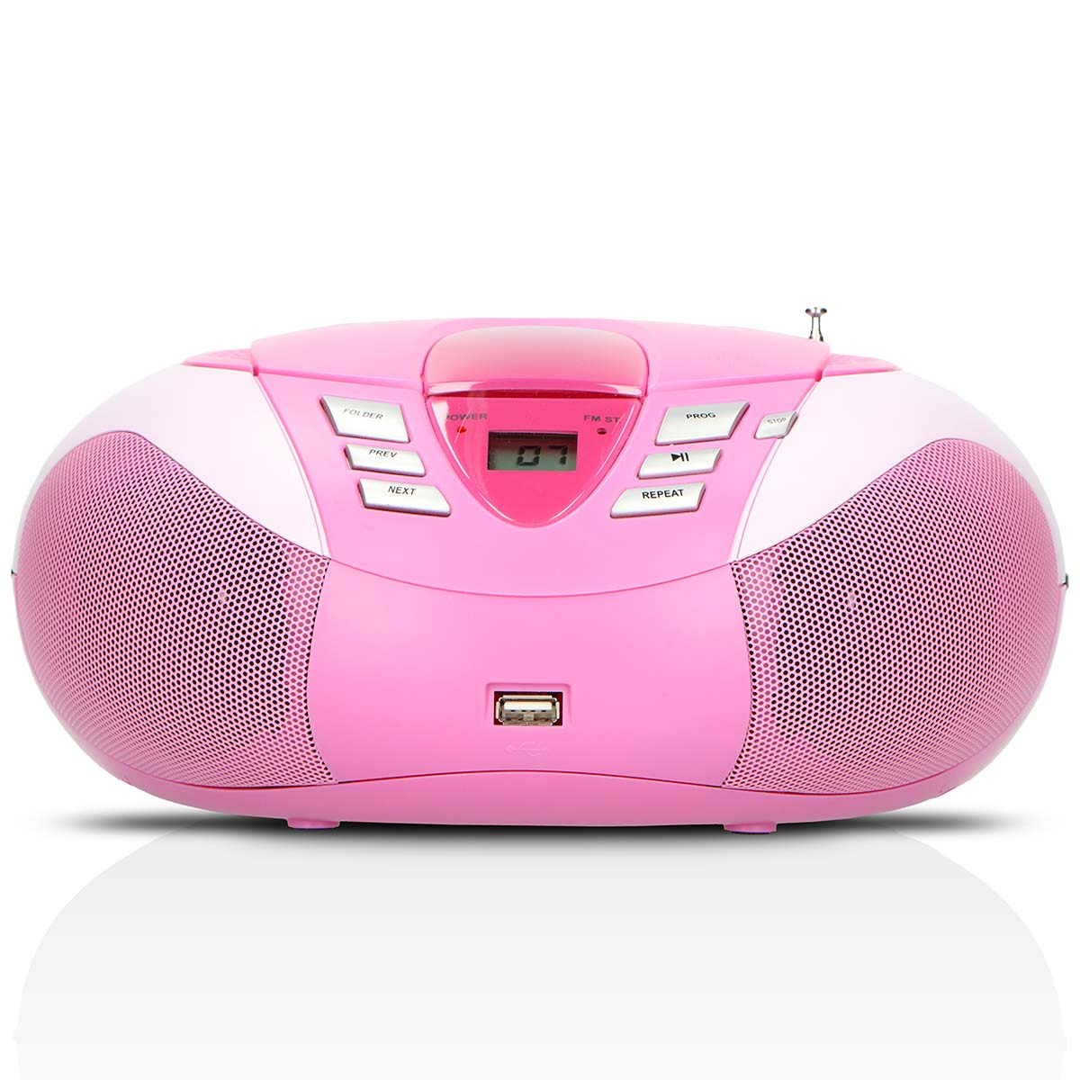 Ein rosafarbener tragbarer CD-Player mit USB-Anschluss und FM-Radio.