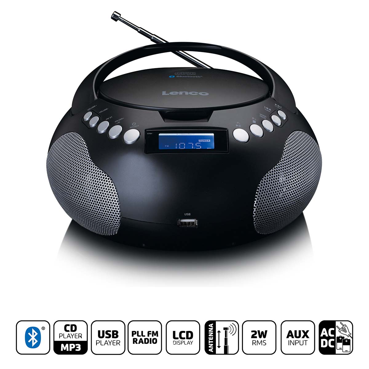 Boombox Lenco noire avec Bluetooth, radio FM, USB et écran LCD.