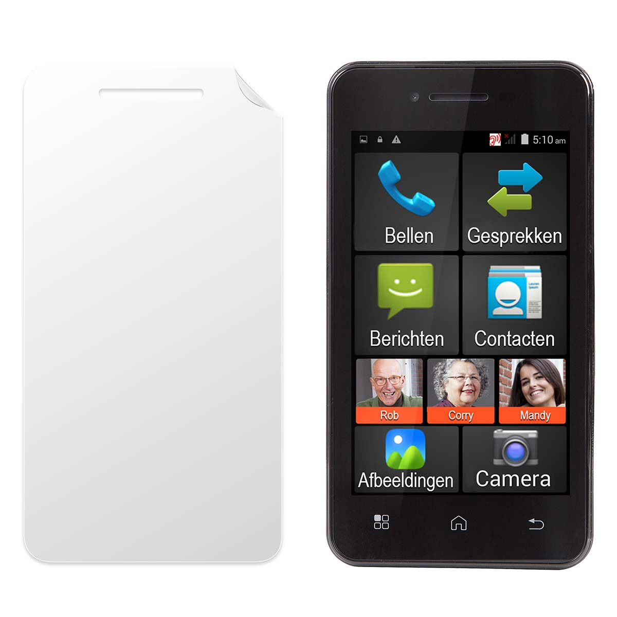 A smartphone with a white screen protector next to it.
