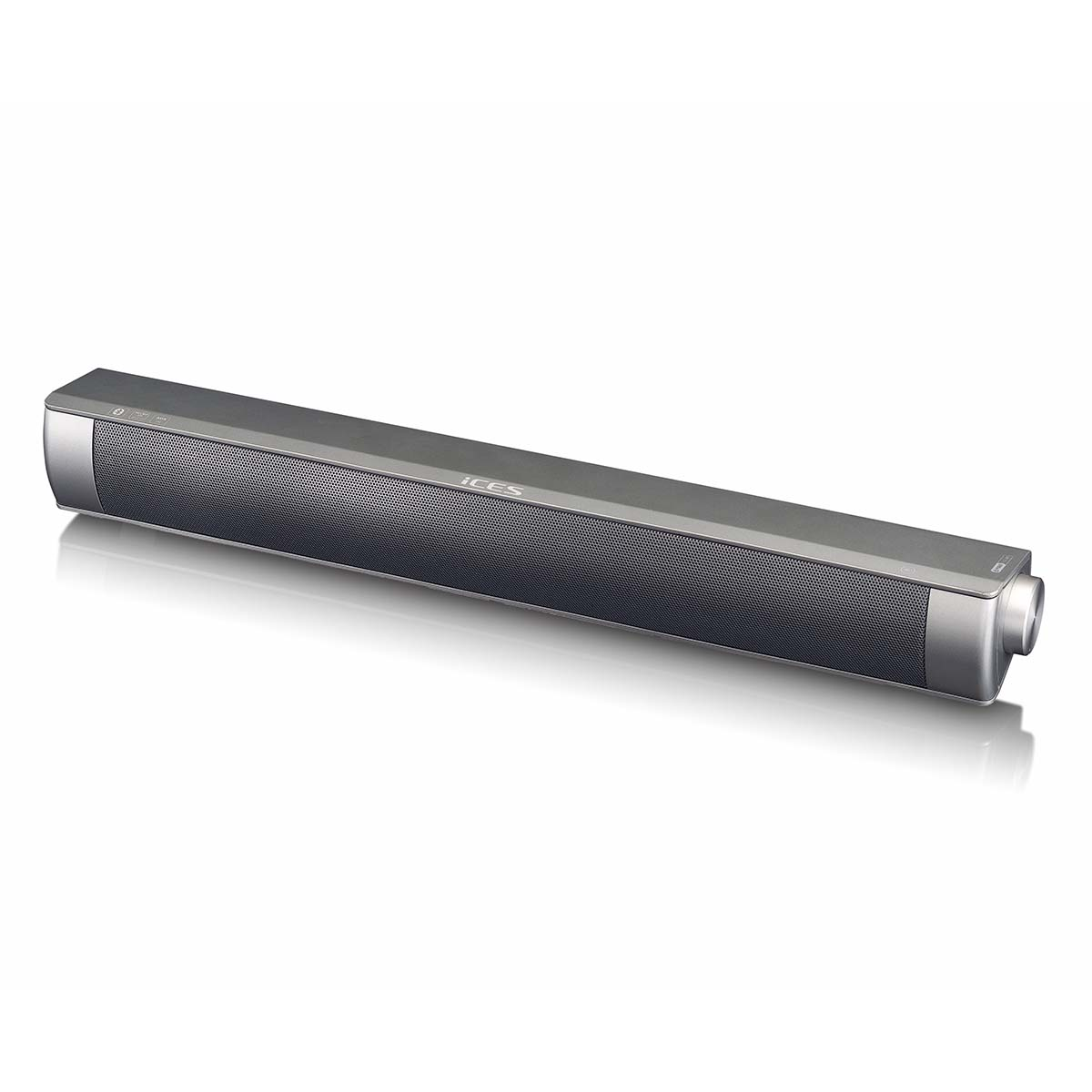 Grauer Soundbar-Lautsprecher mit schwarzem Gitter und silbernen Endkappen.