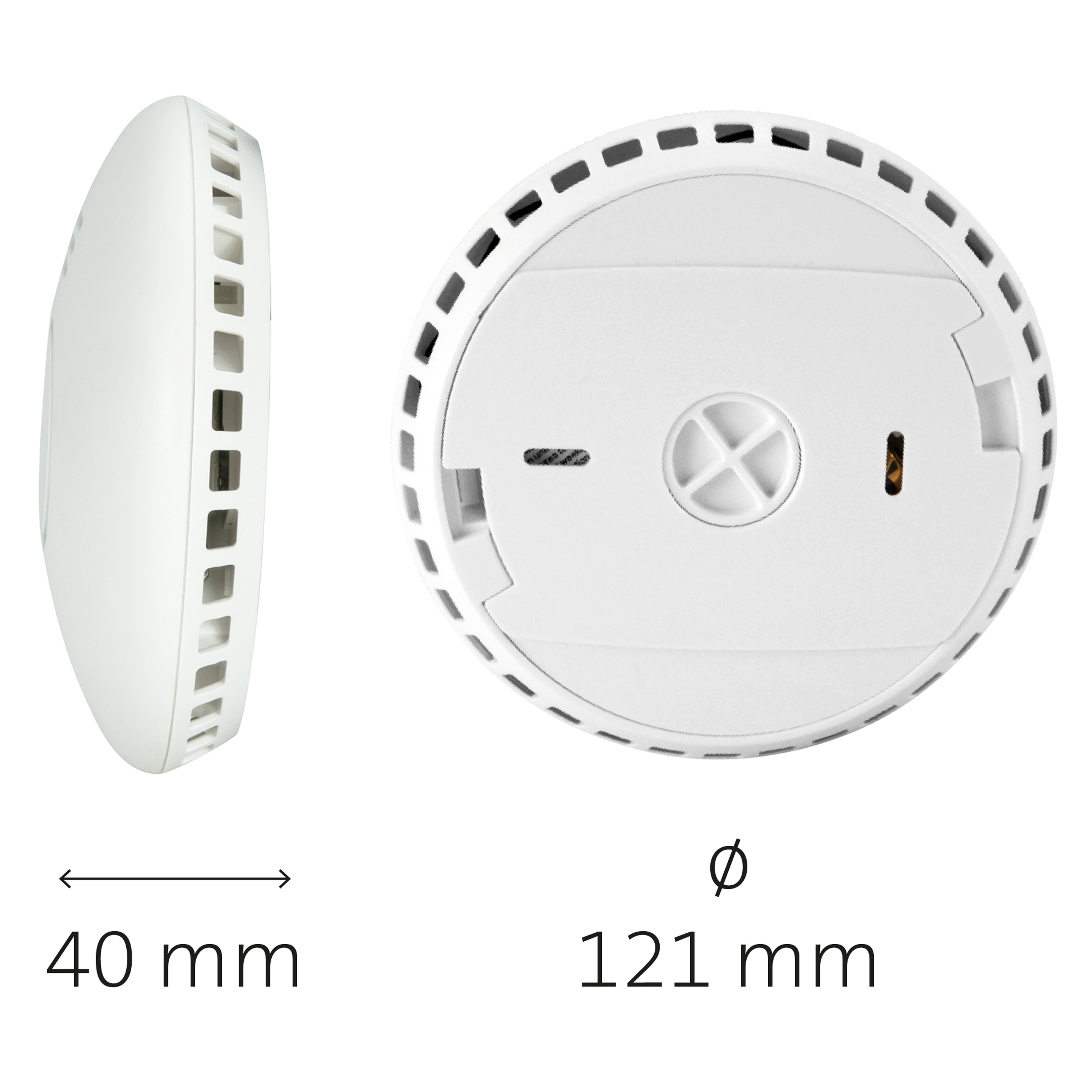 Weiße Rauchmelder-Seitenansicht und Unterseite mit Maßen 40mm und 121mm.
