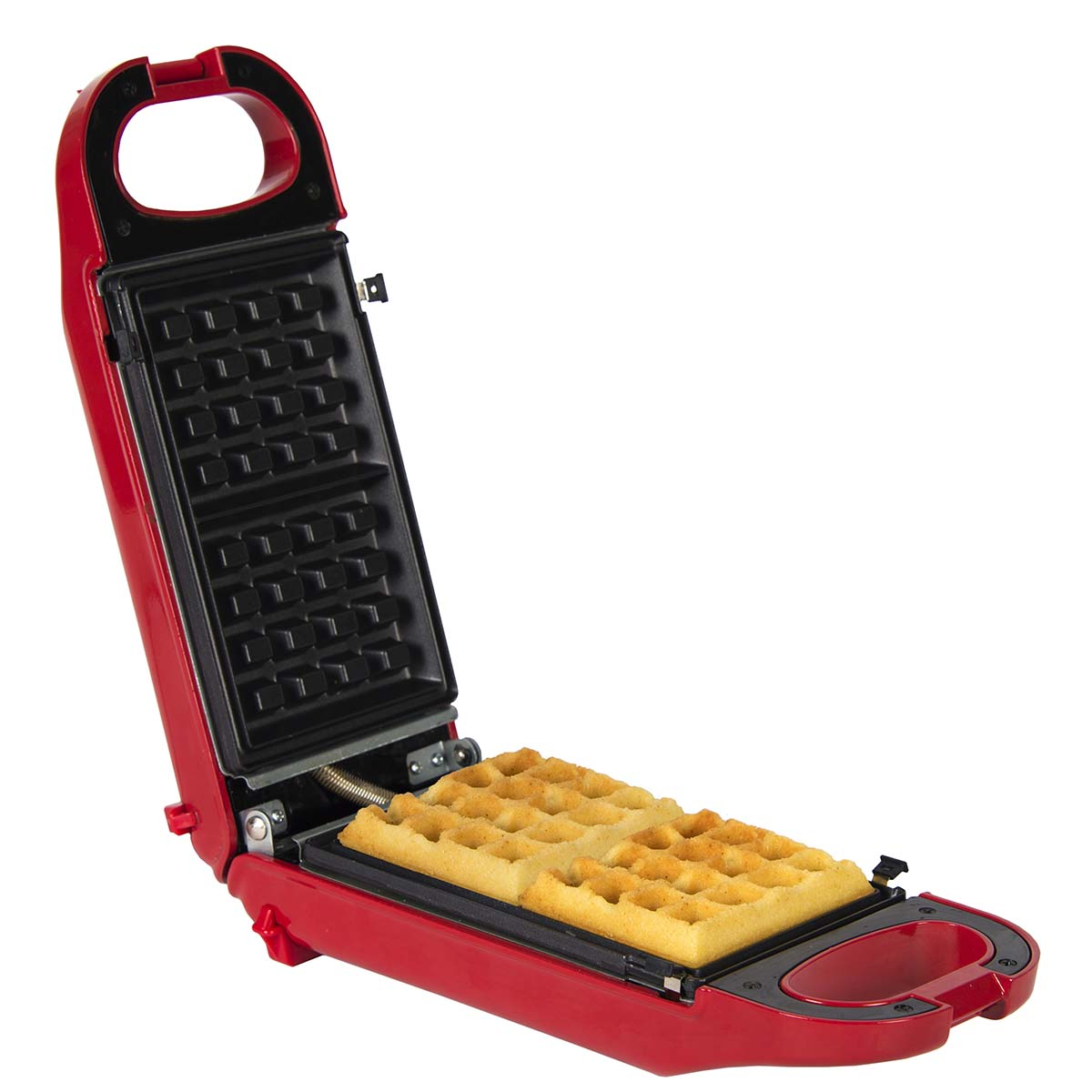 Red waffle maker with two golden-brown waffles inside.