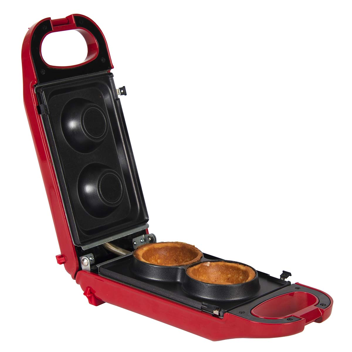 Red donut maker with two golden-brown donuts inside.