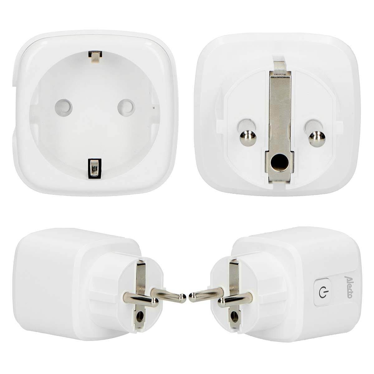 Four white plugs: two shown from the front, two from the side.