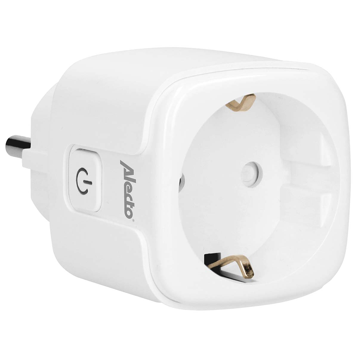 A white plug adapter with a power button symbol and logo.