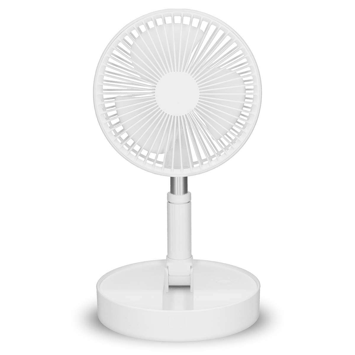 Ein weißer, zusammenklappbarer Tischventilator mit rundem Sockel und verstellbarem Stiel.