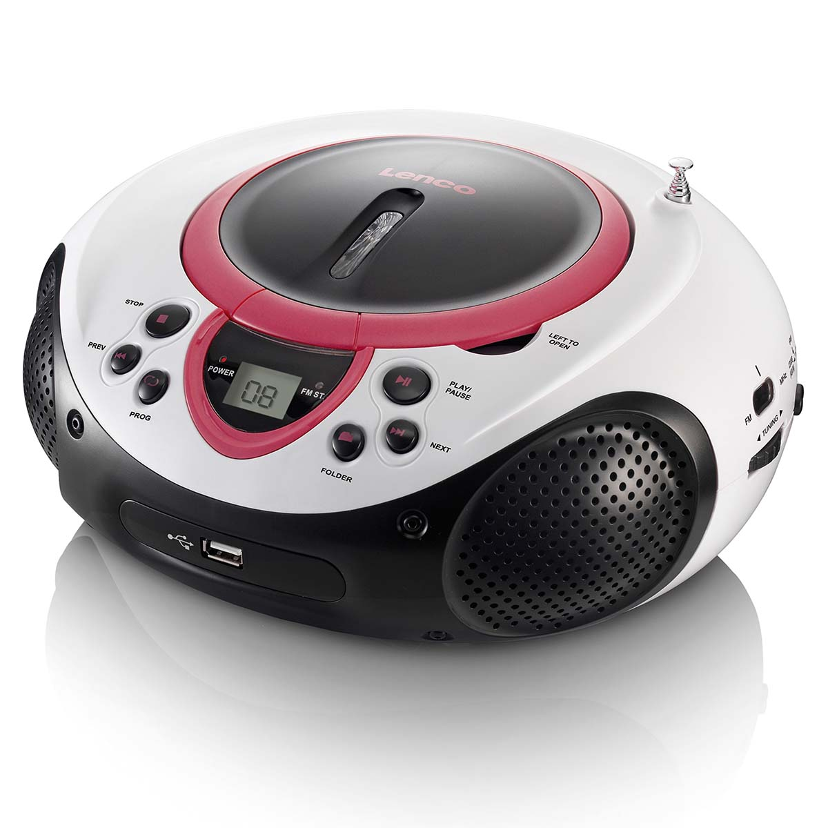 Un lecteur CD Lenco blanc avec accents noirs et rouges, port USB et haut-parleurs.