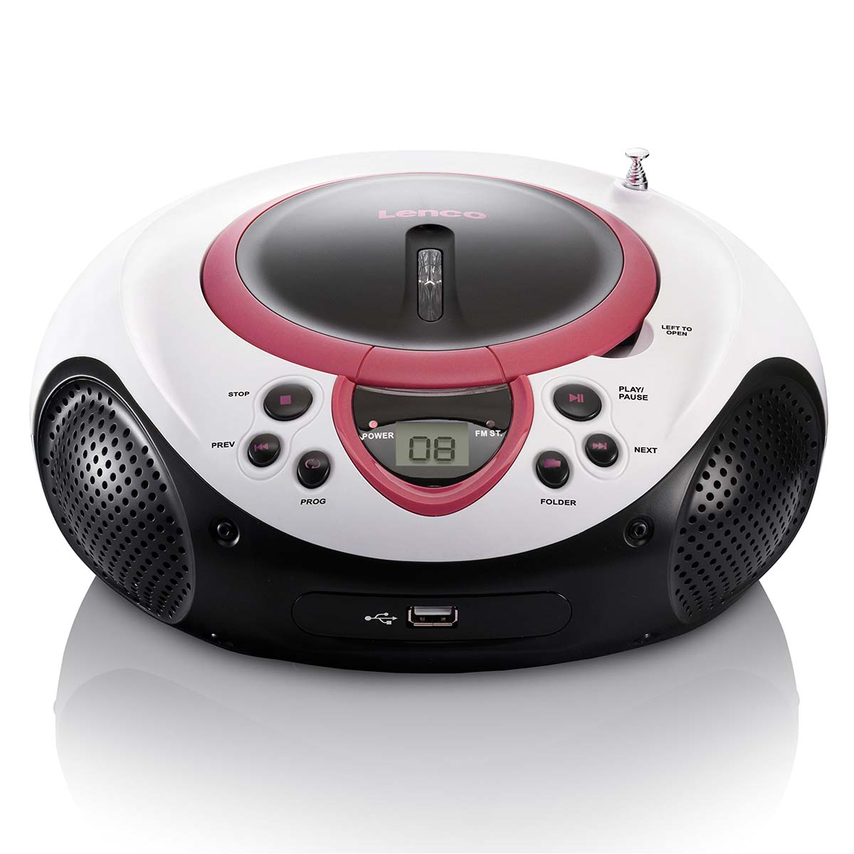 Un lecteur CD blanc et noir avec des accents rouges, des haut-parleurs et un port USB.
