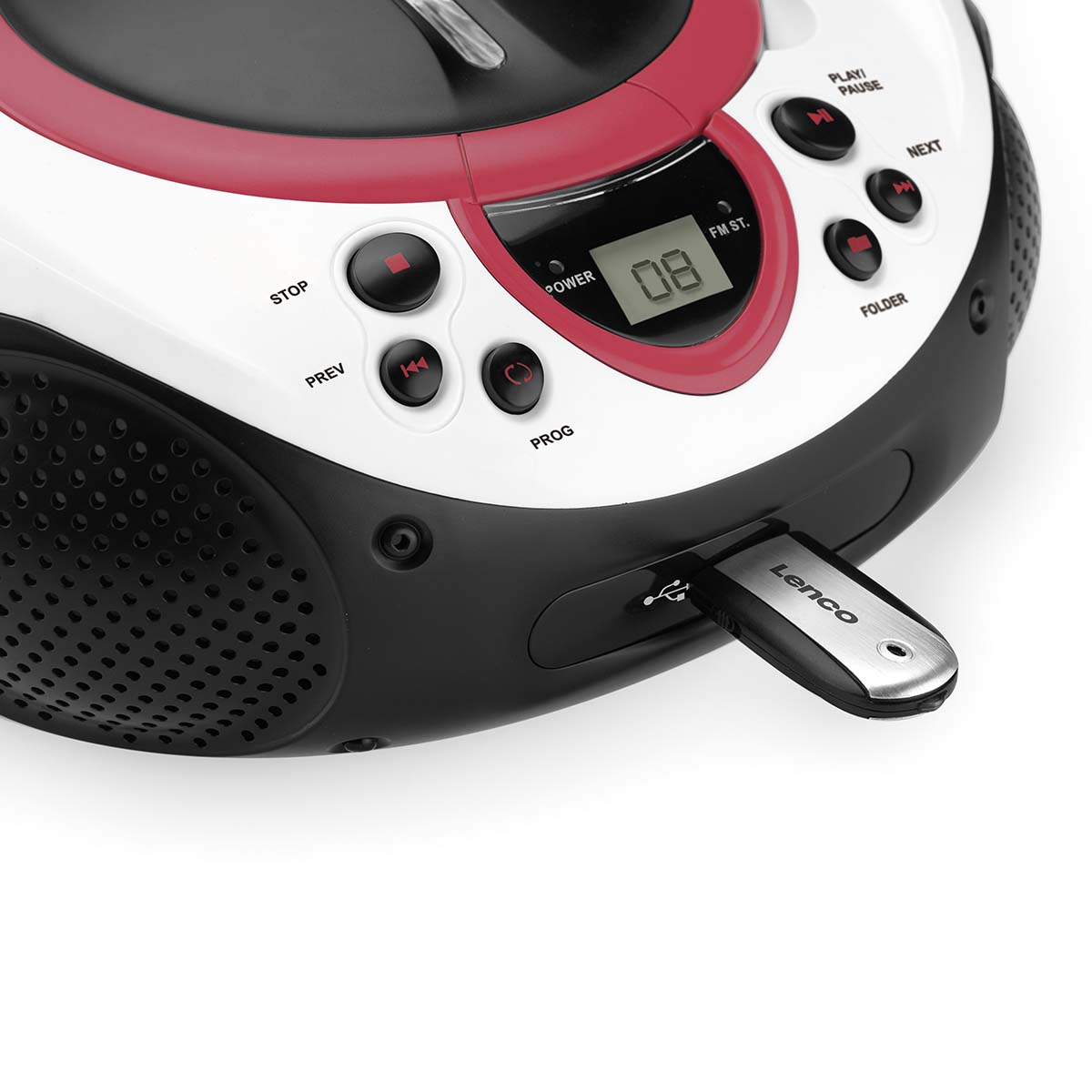 Un lecteur CD blanc et rouge avec une clé USB branchée.
