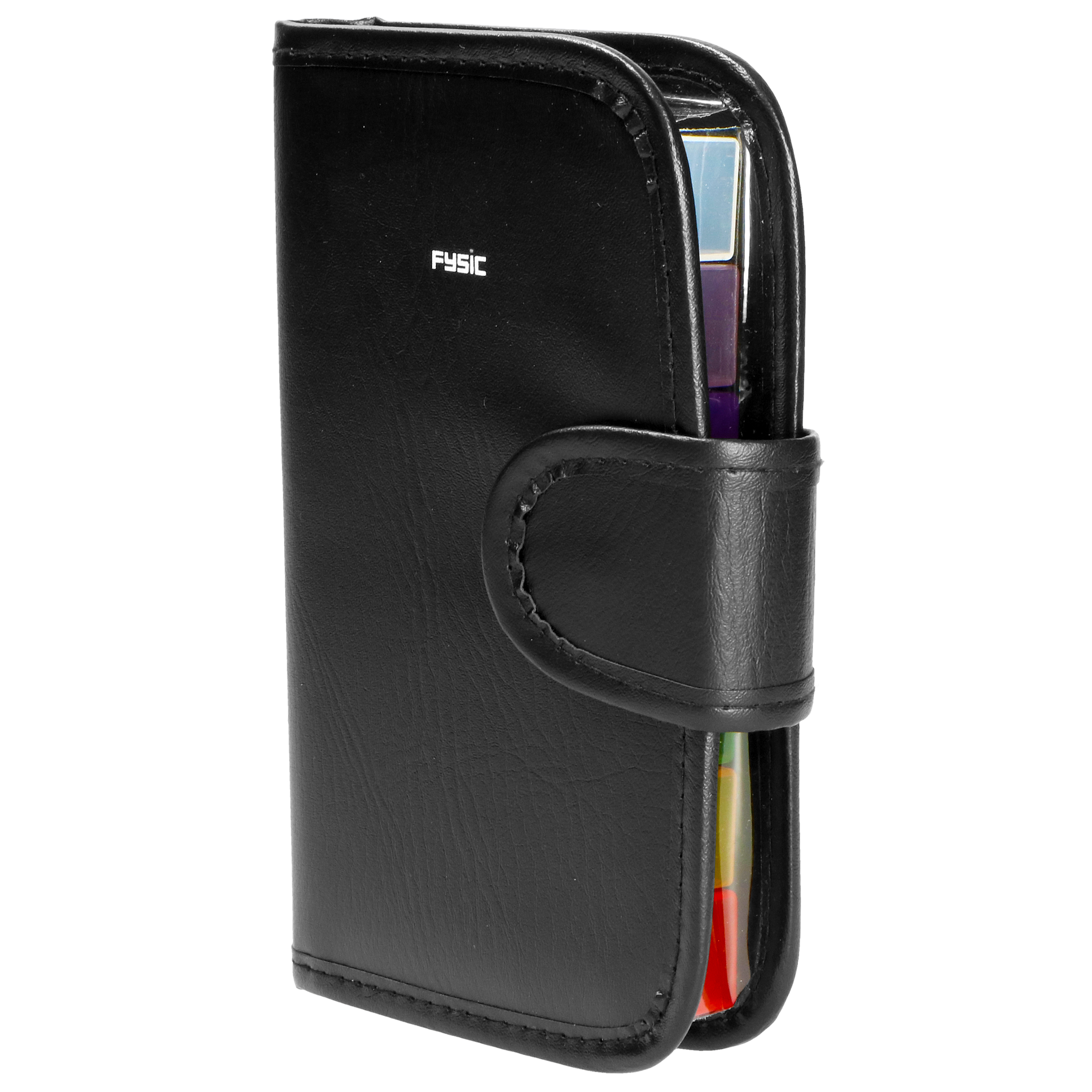 Gesloten zwart leren etui met kleurrijke pagina's.