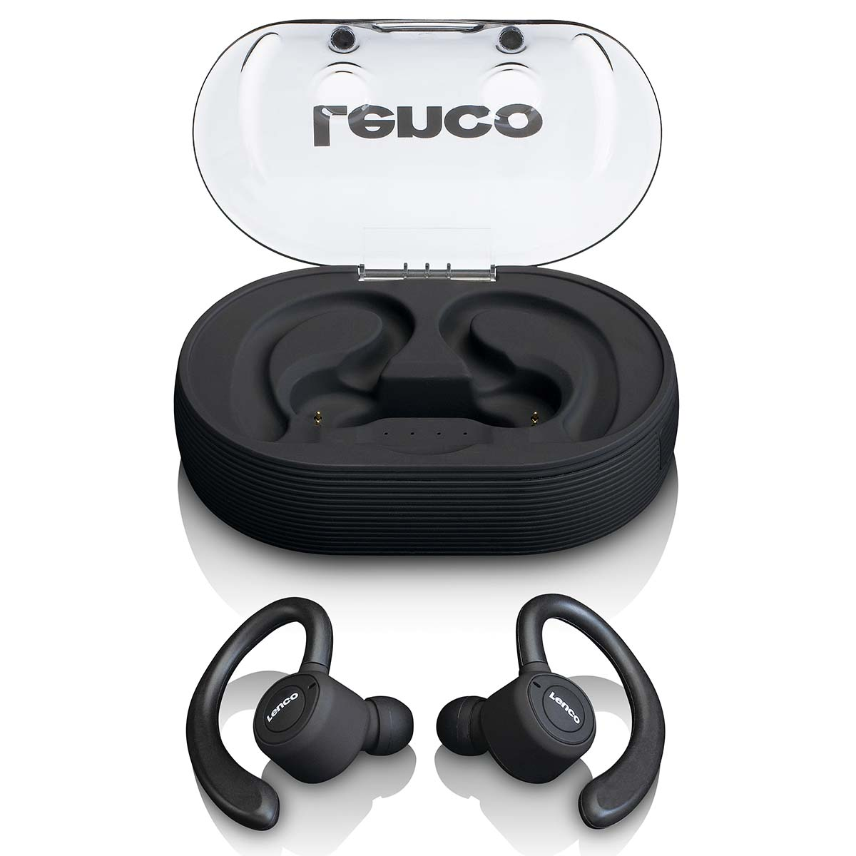 Auriculares inalámbricos negros con estuche de carga, logo Lenco.