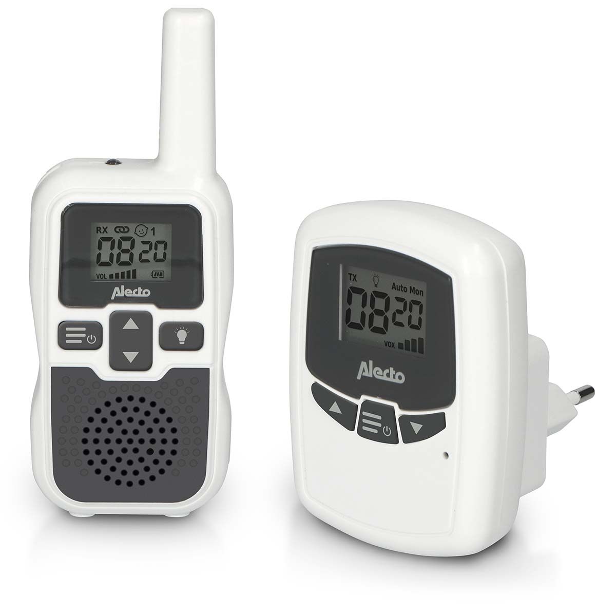 Two white Alecto baby monitors with digital displays. One has an antenna and buttons.