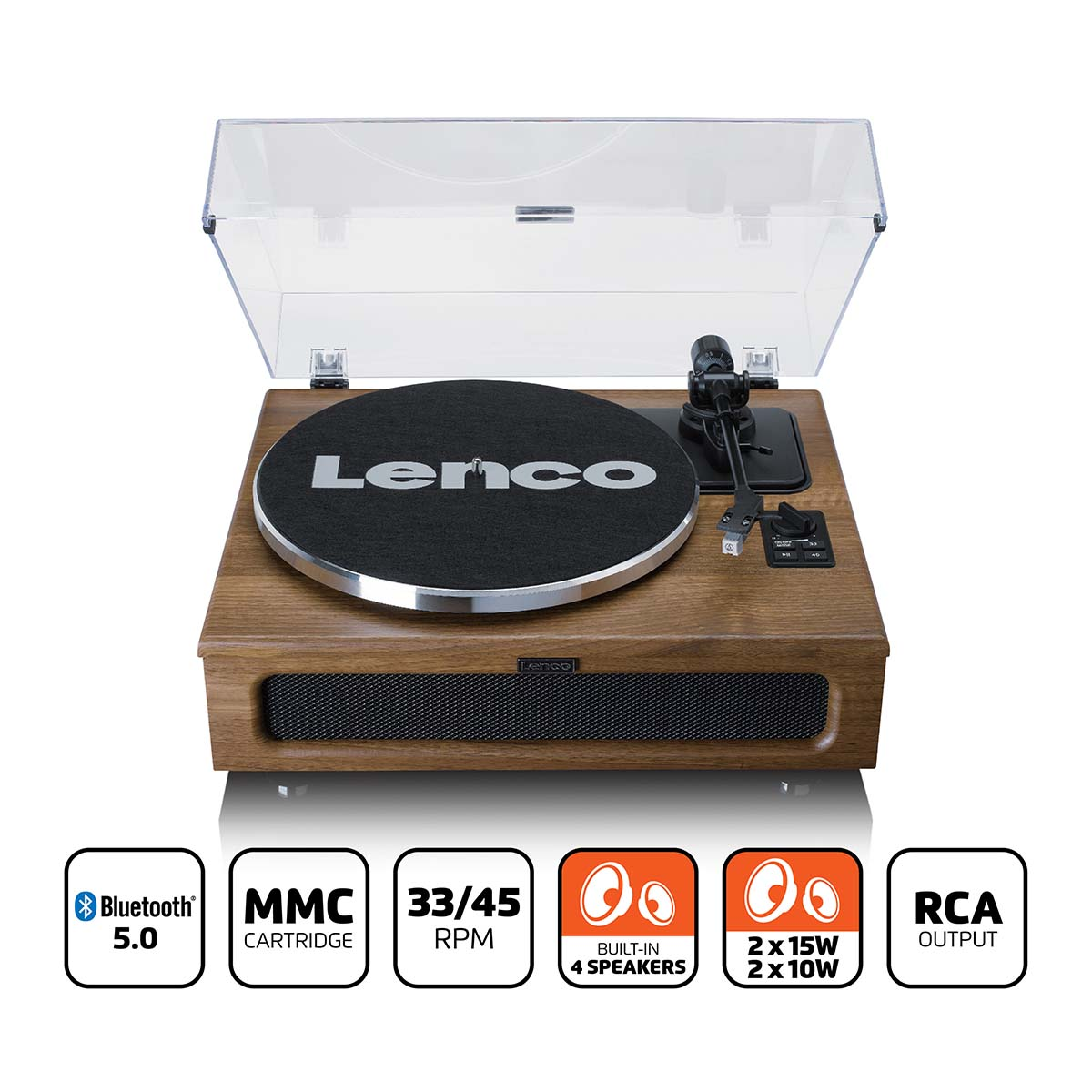Un tocadiscos Lenco con acabado de madera, tapa transparente e iconos.