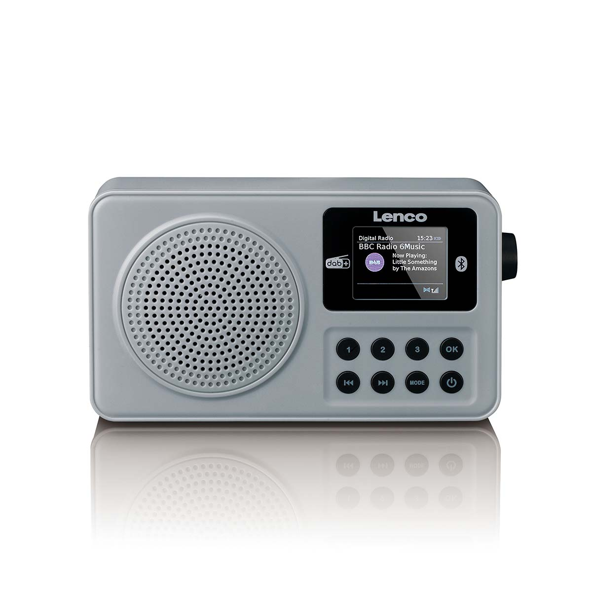 Szare radio Lenco DAB+ z głośnikiem i wyświetlaczem pokazującym BBC Radio 6Music.