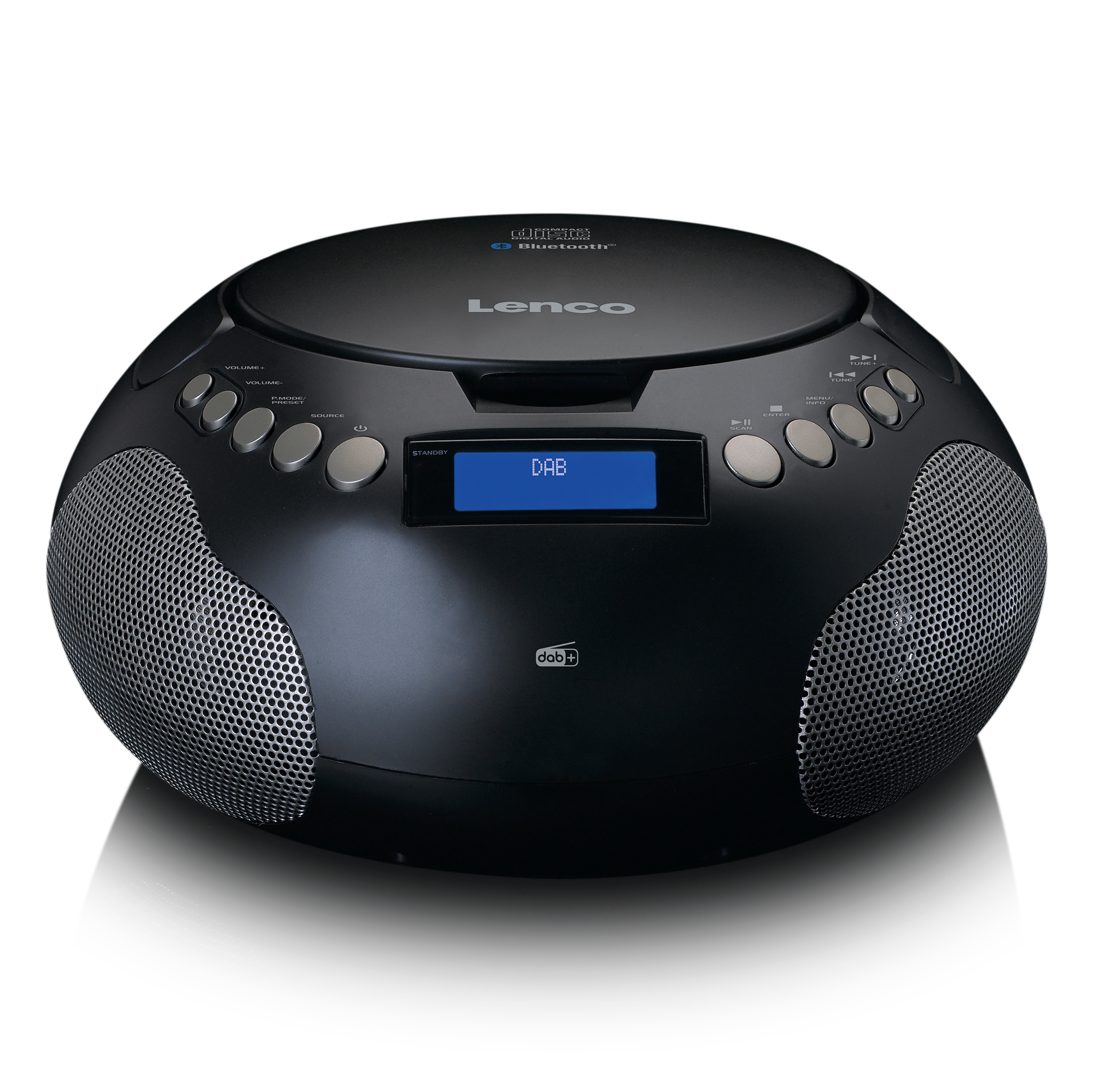 Lettore CD Lenco DAB+ nero con Bluetooth e pulsanti argentati.