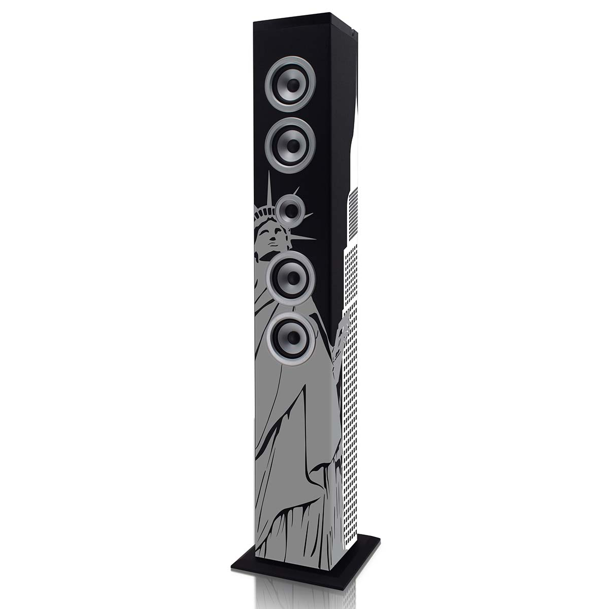 Zwarte torenspeaker met Vrijheidsbeeld-design en zilveren speakers.