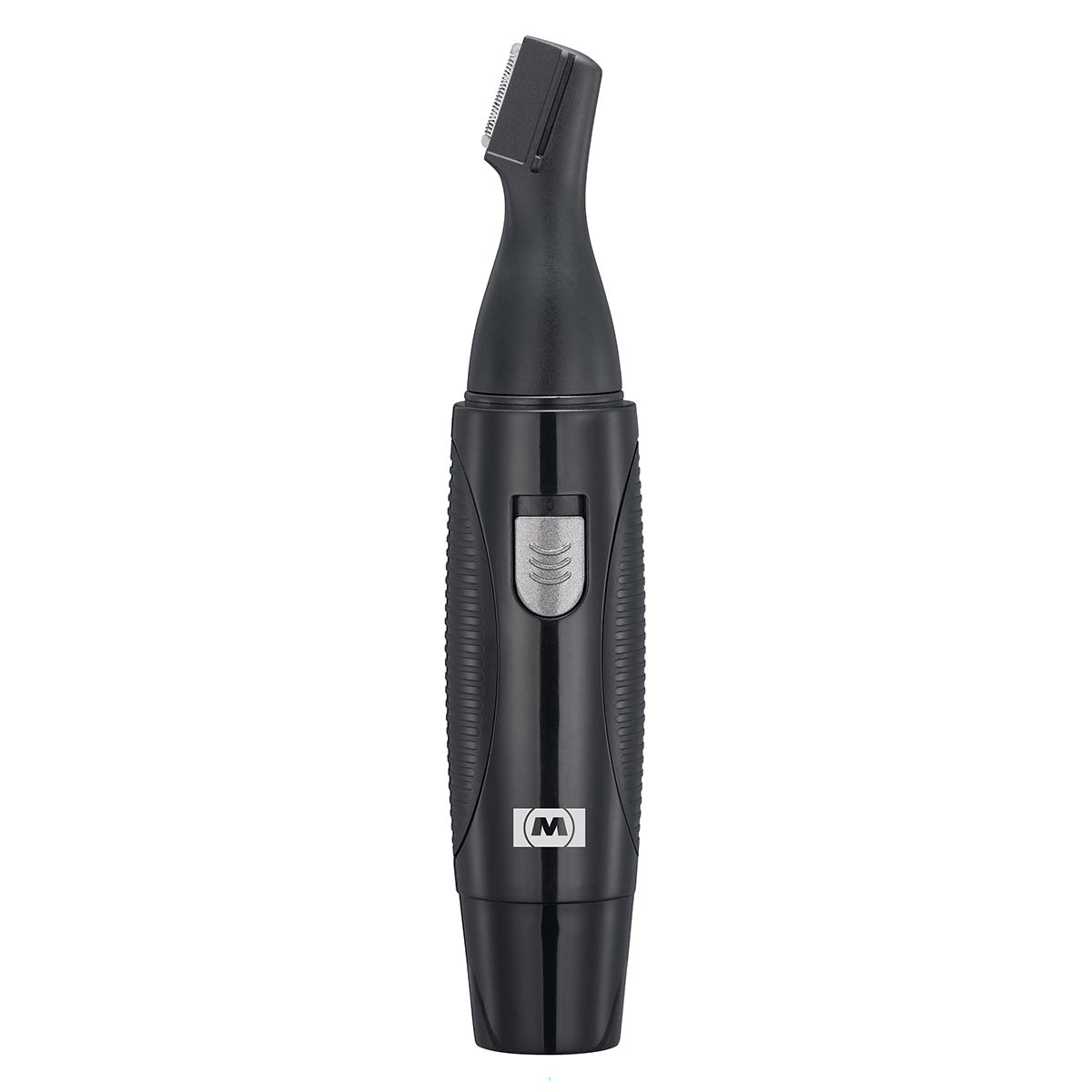 A black nose hair trimmer with a silver button and an 'M' logo.