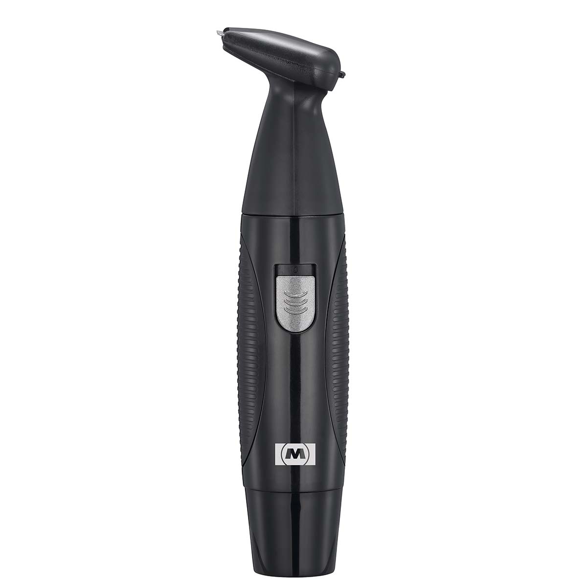Black nose hair trimmer with silver button and logo.