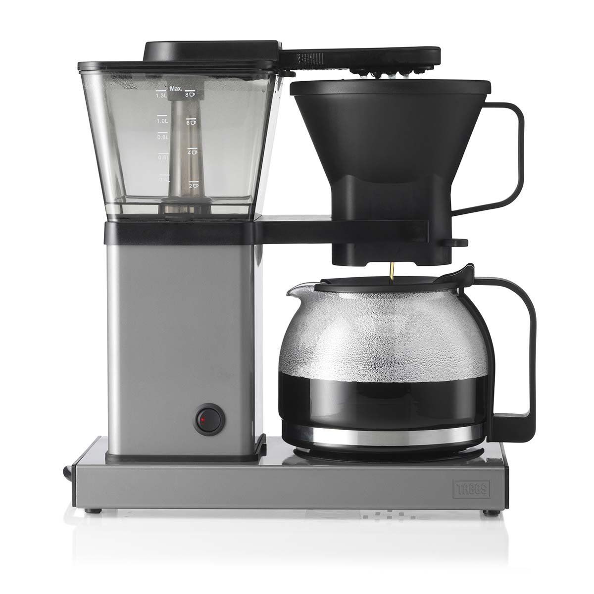 Caffettiera grigia con caraffa in vetro, prepara il caffè.