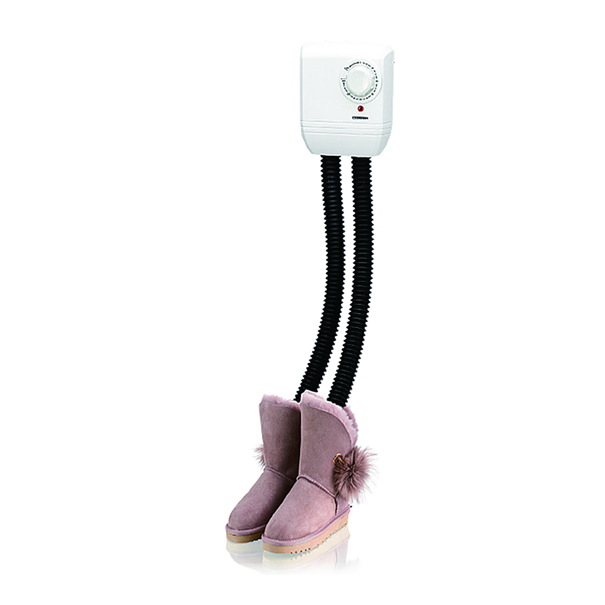 A white boot dryer with two hoses leading into pink boots with pom-poms.