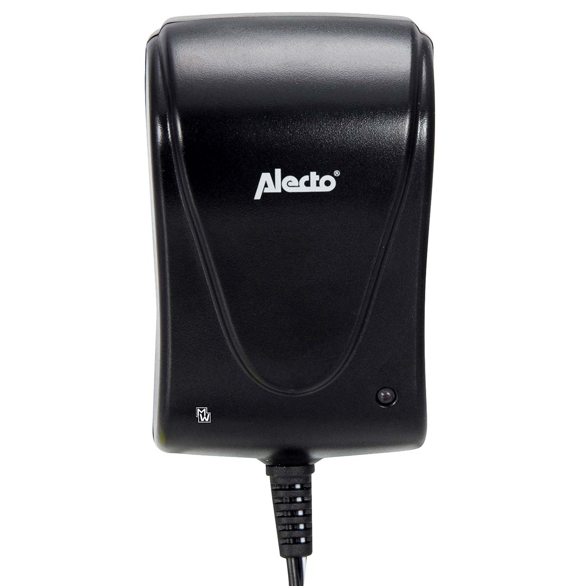 Schwarzes Netzteil mit Alecto-Logo und Kabel.