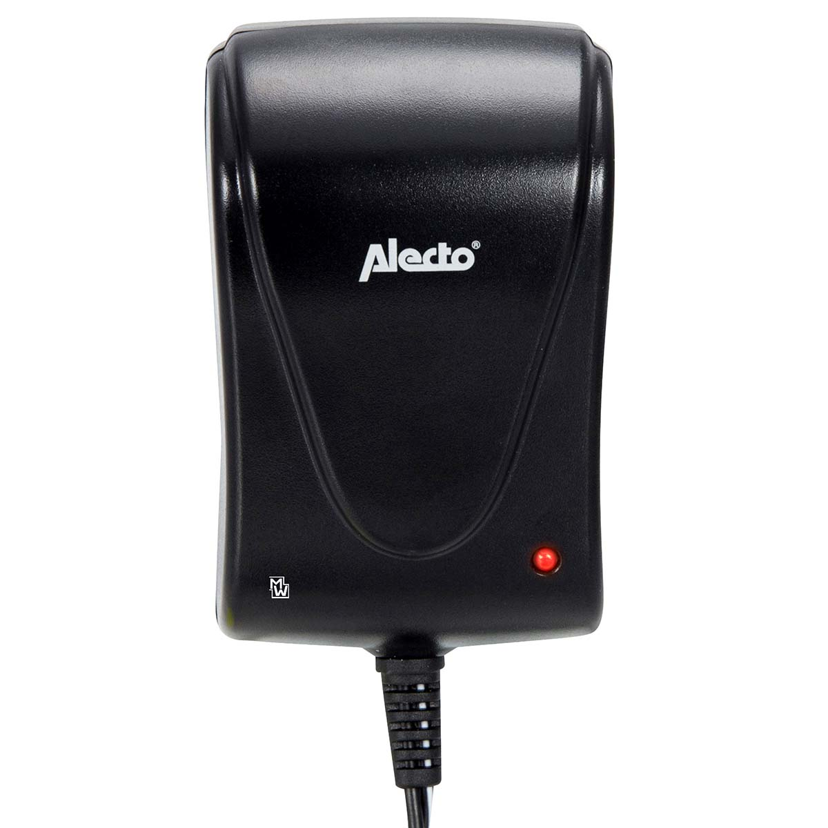 Schwarzer Netzadapter mit Alecto-Logo und roter LED.
