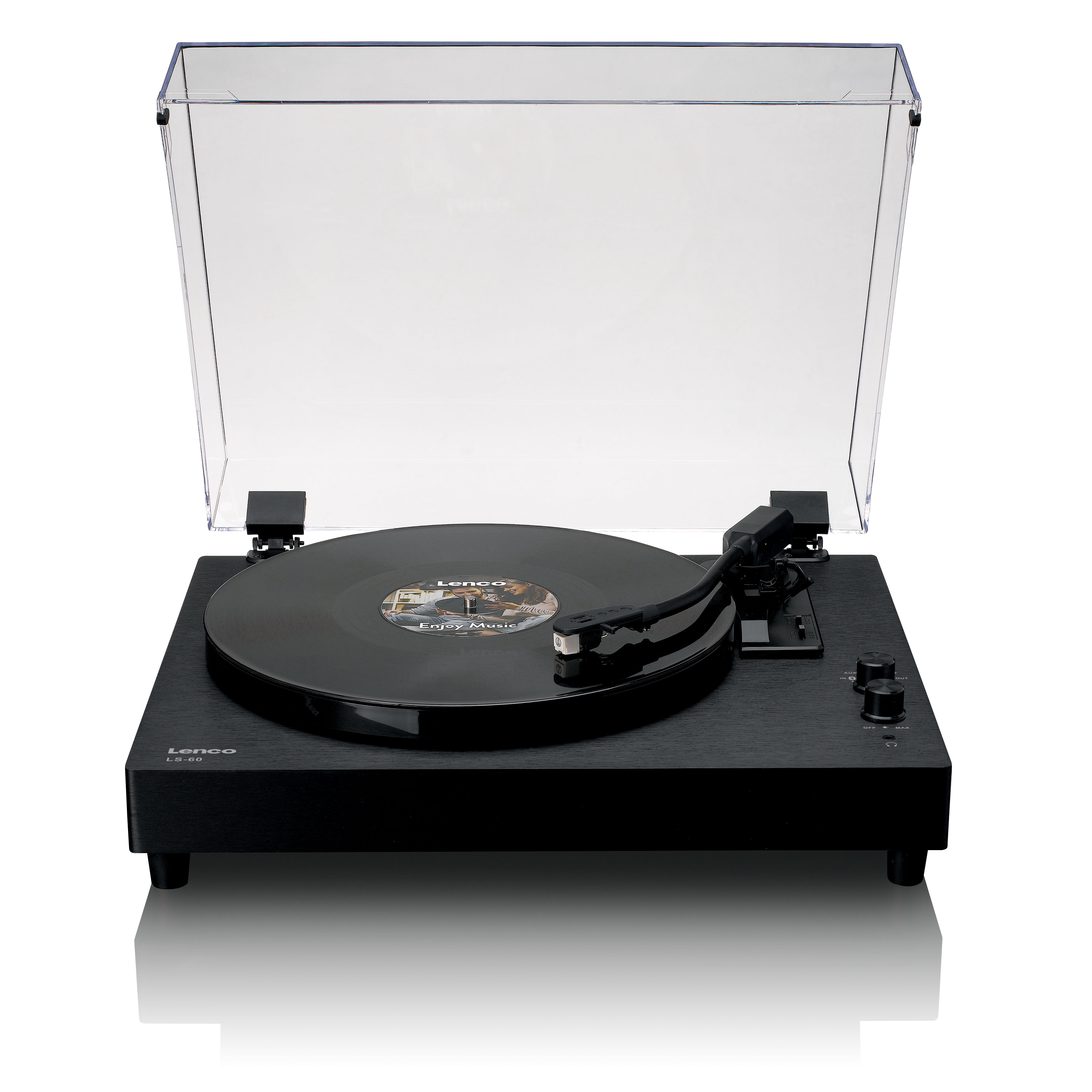 Black turntable with record on platter and tonearm.