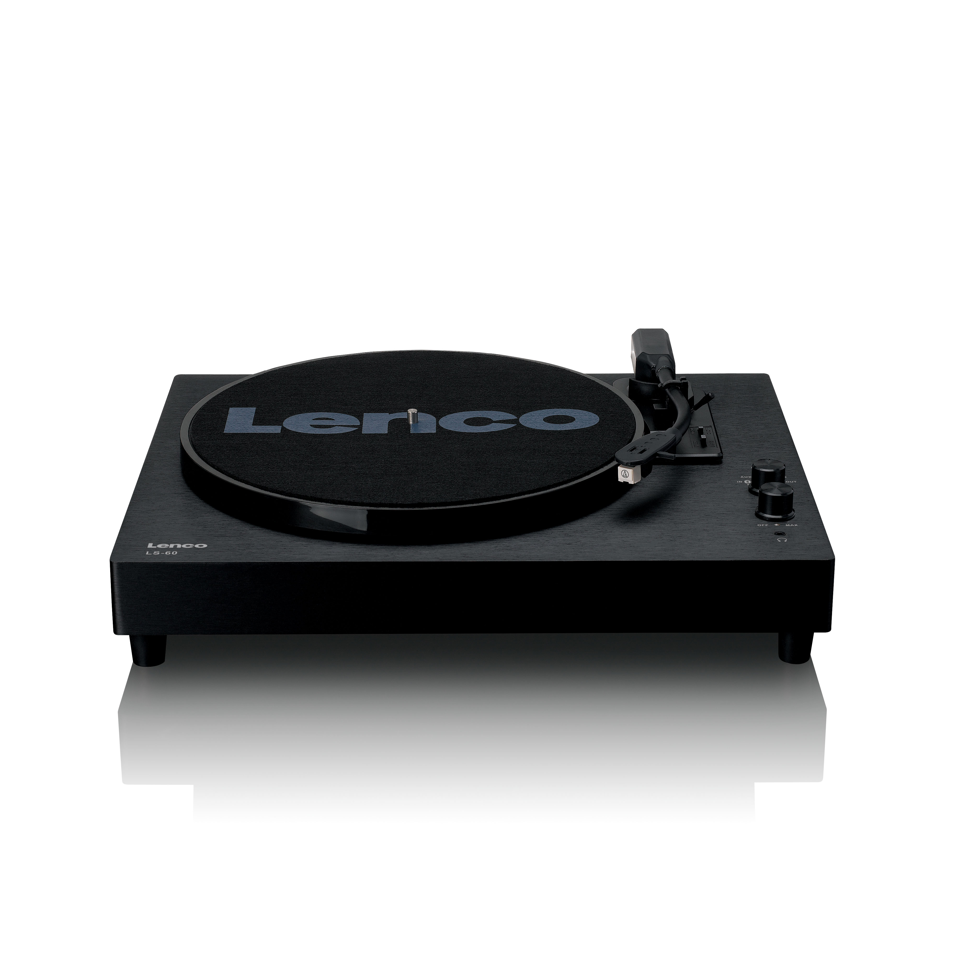 Black turntable with Lenco logo on the platter.
