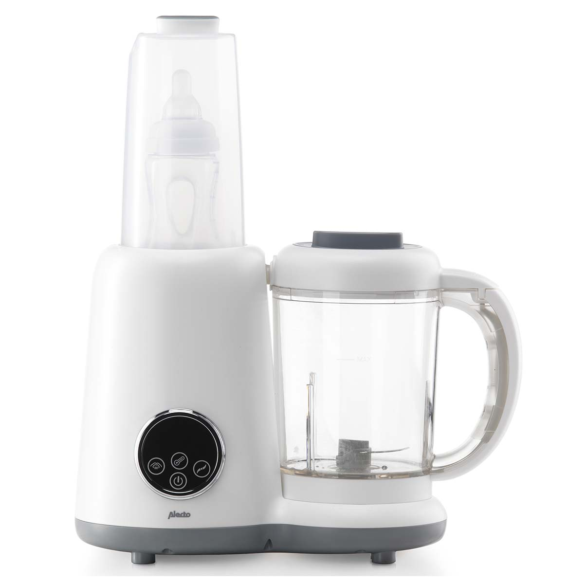 Ein weißer Babykostzubereiter mit Flaschenwärmer und integriertem Mixer.
