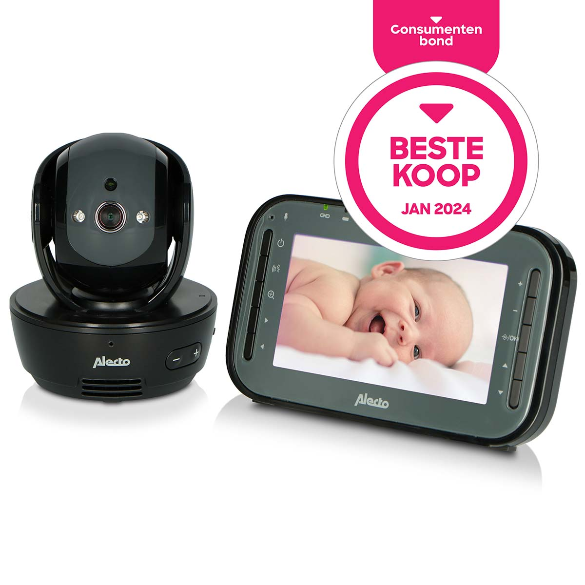 Ein Alecto Babyphone mit Kamera und Monitor, zeigt ein Baby. "Beste Koop Jan 2024".