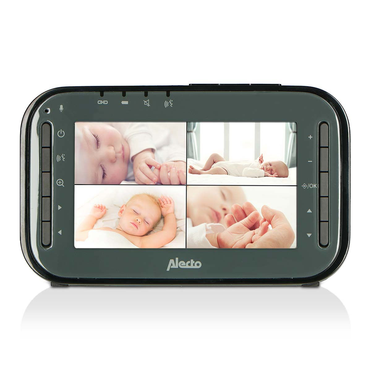 Ein Babyphone zeigt vier Bilder von schlafenden Babys. Alecto-Logo unten.