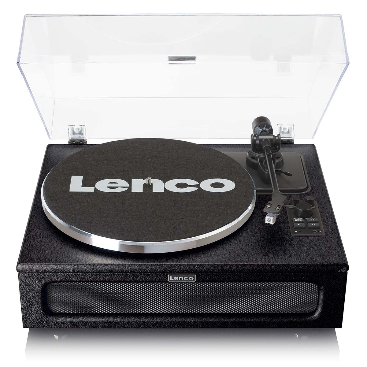 Tocadiscos negro con tapa transparente y logo Lenco.