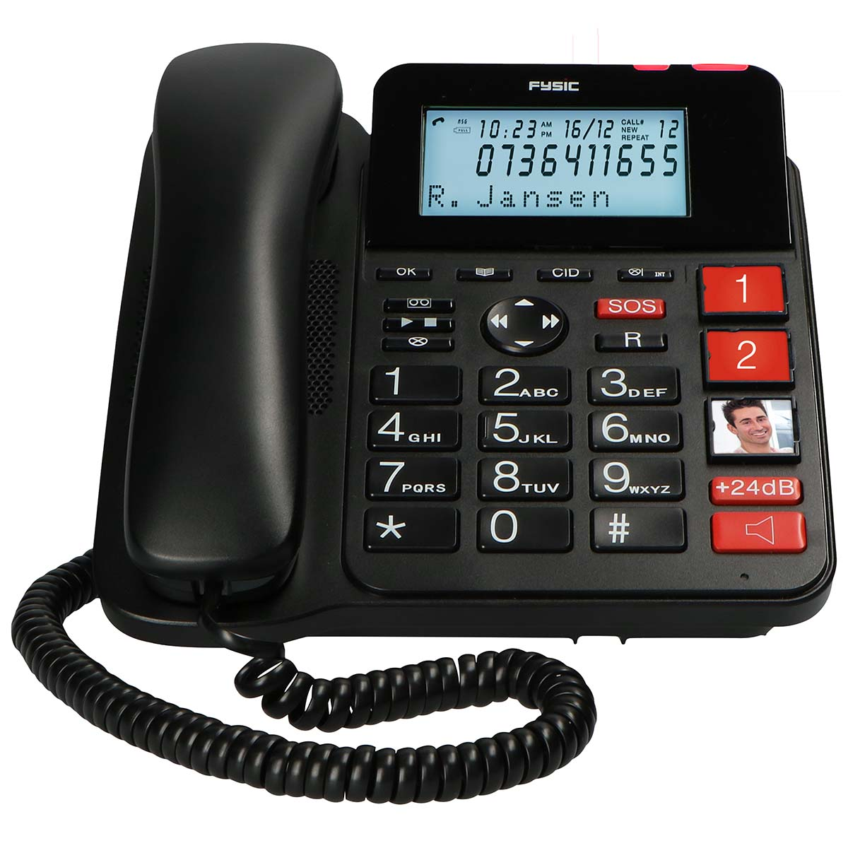 Téléphone filaire noir avec écran rétroéclairé et clavier. Affiche le nom.