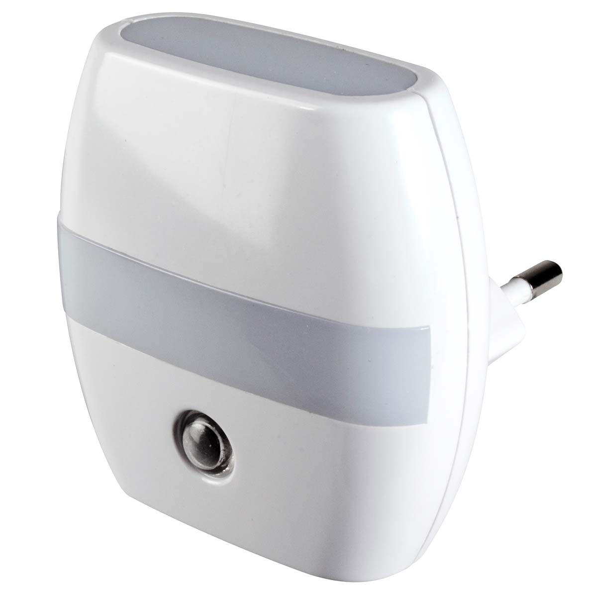 Biała wtyczka nocna z szarymi paskami i czujnikiem.