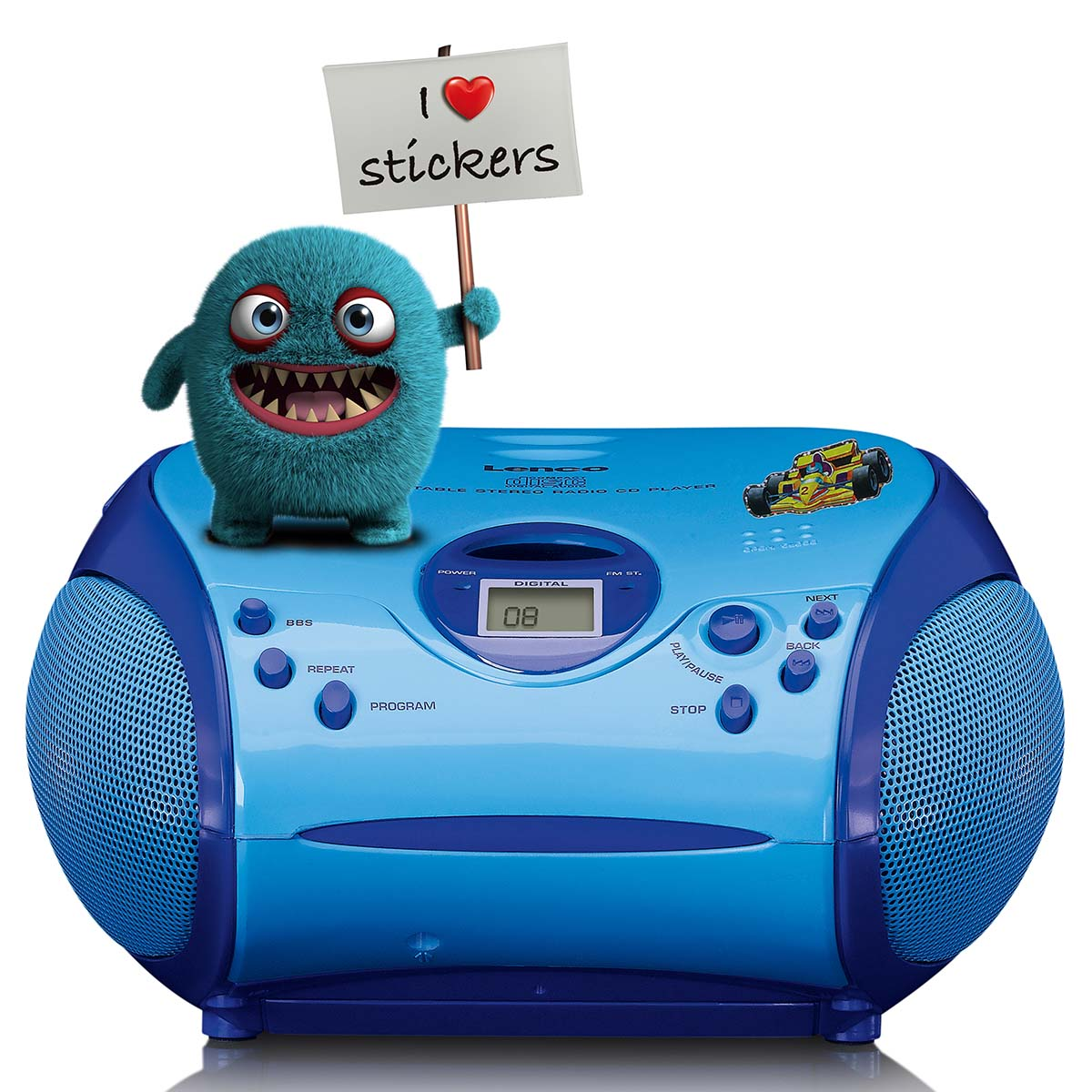 Ein blauer Monster-CD-Player mit einem blauen Monster, das ein Schild mit 'Ich liebe Aufkleber' hält.