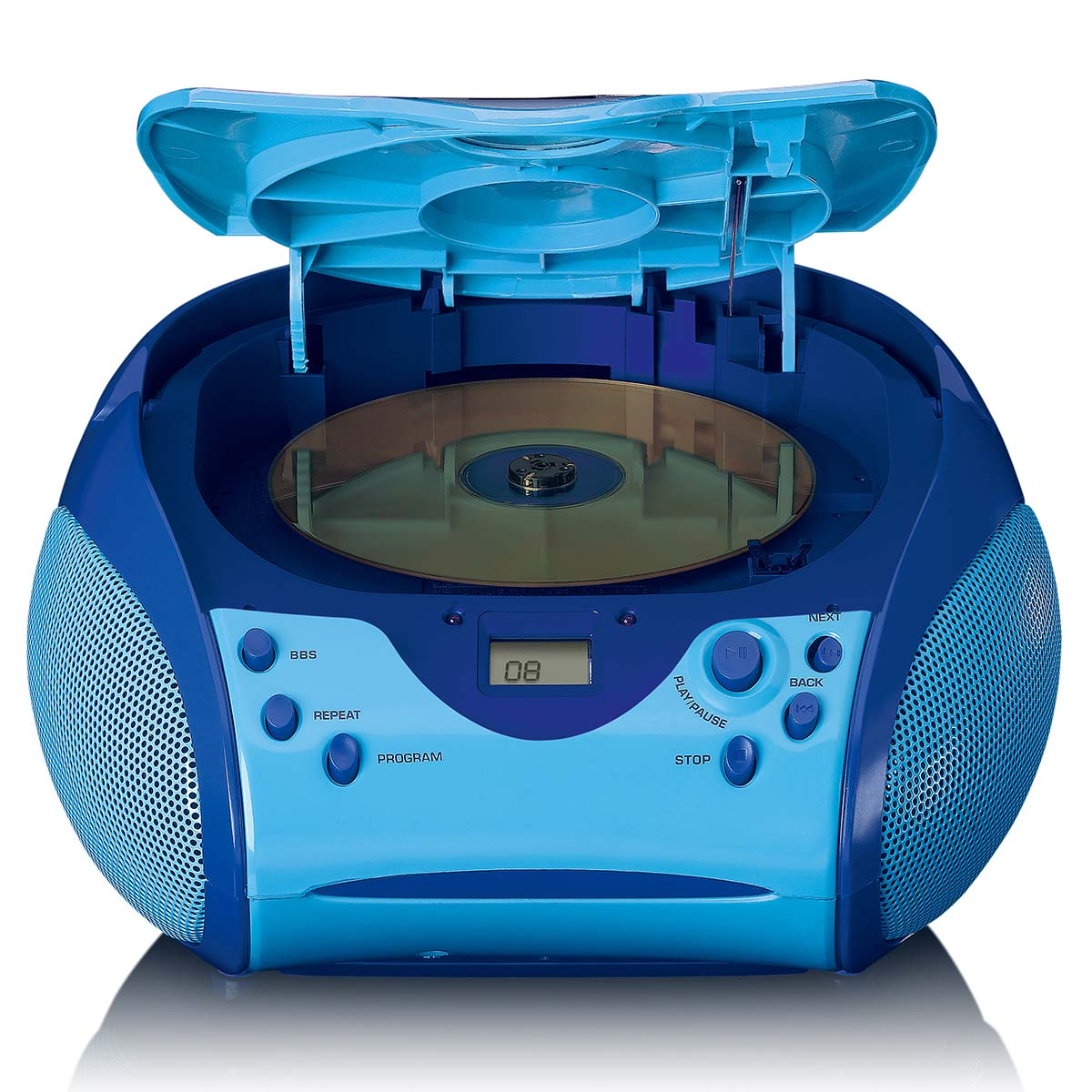 Ein blauer CD-Player-Radio mit geöffnetem Deckel und einer CD im Inneren.