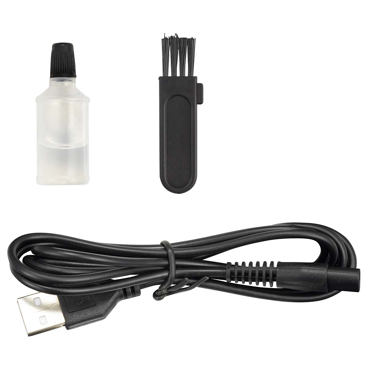 Een kleine schoonmaakfles, een borstel en een zwarte USB-kabel.