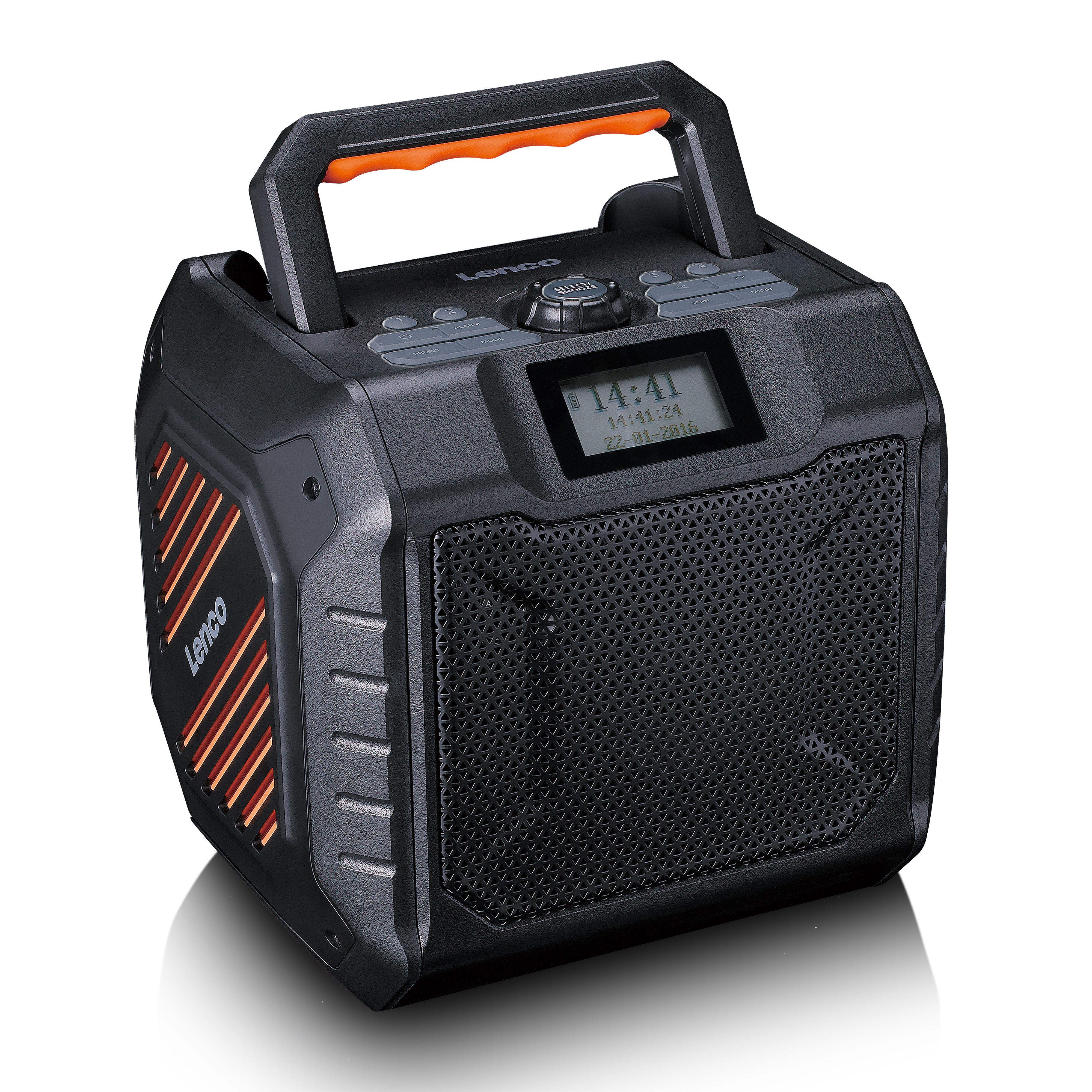 A black Lenco radio with an orange handle, speaker grille, and display screen.